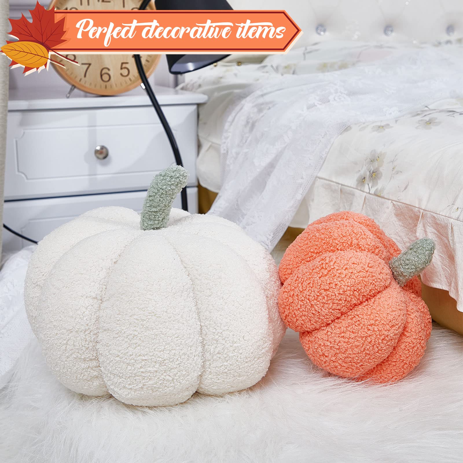 Juexica 2-Piece Stuffed Pumpkin Pillow Set - Fluffy Plush Fall & Halloween Decor (White & Orange) - View #4