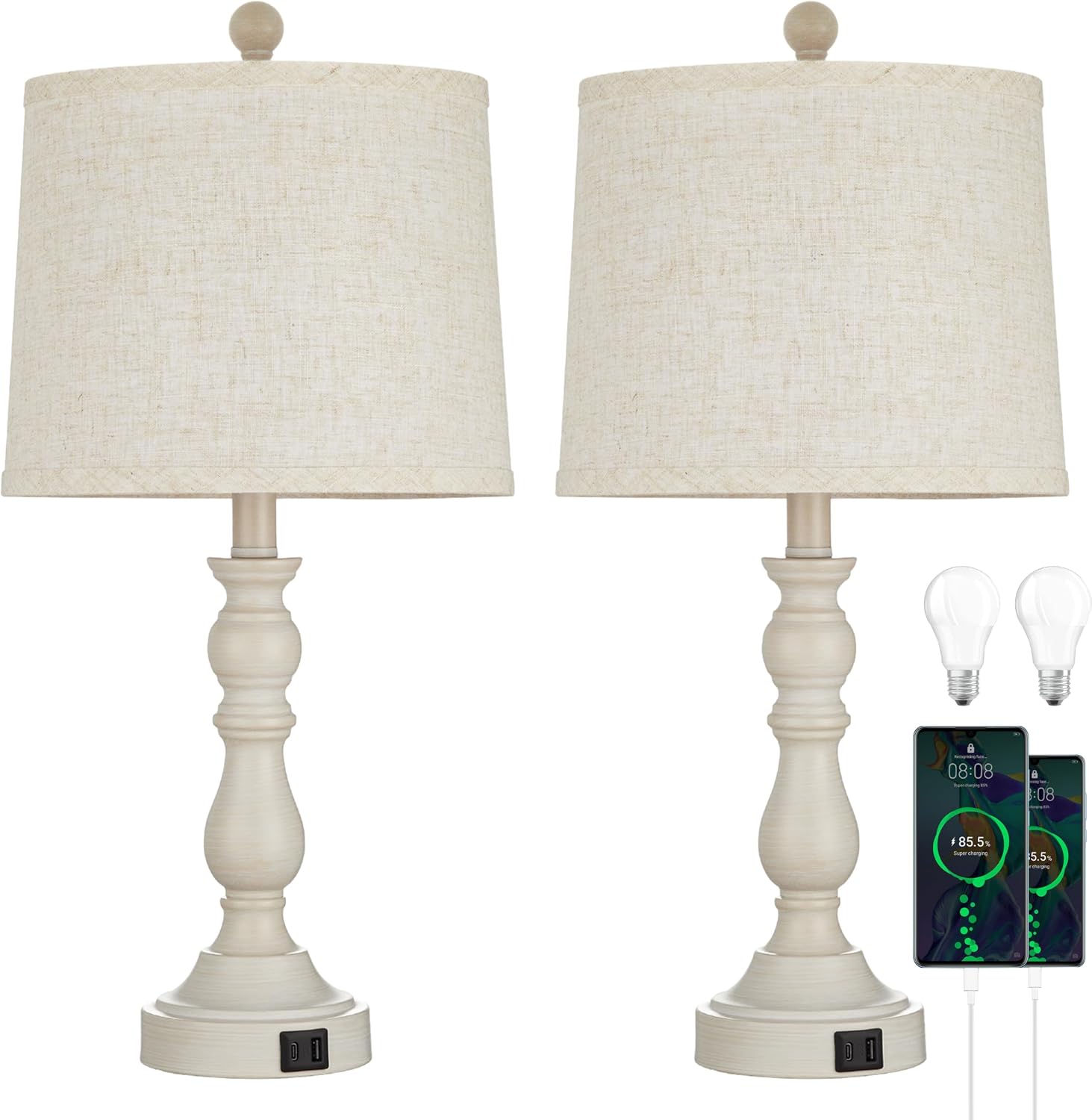 Farmhouse Side Table Lamps for Living Room Set of 2 with USB C+A Ports, Bedside Lamp for Bedroom, Dining Room Decor, Office, End Table, Knob Switch, 3 Color Temperatures, Bulb Included, Beige