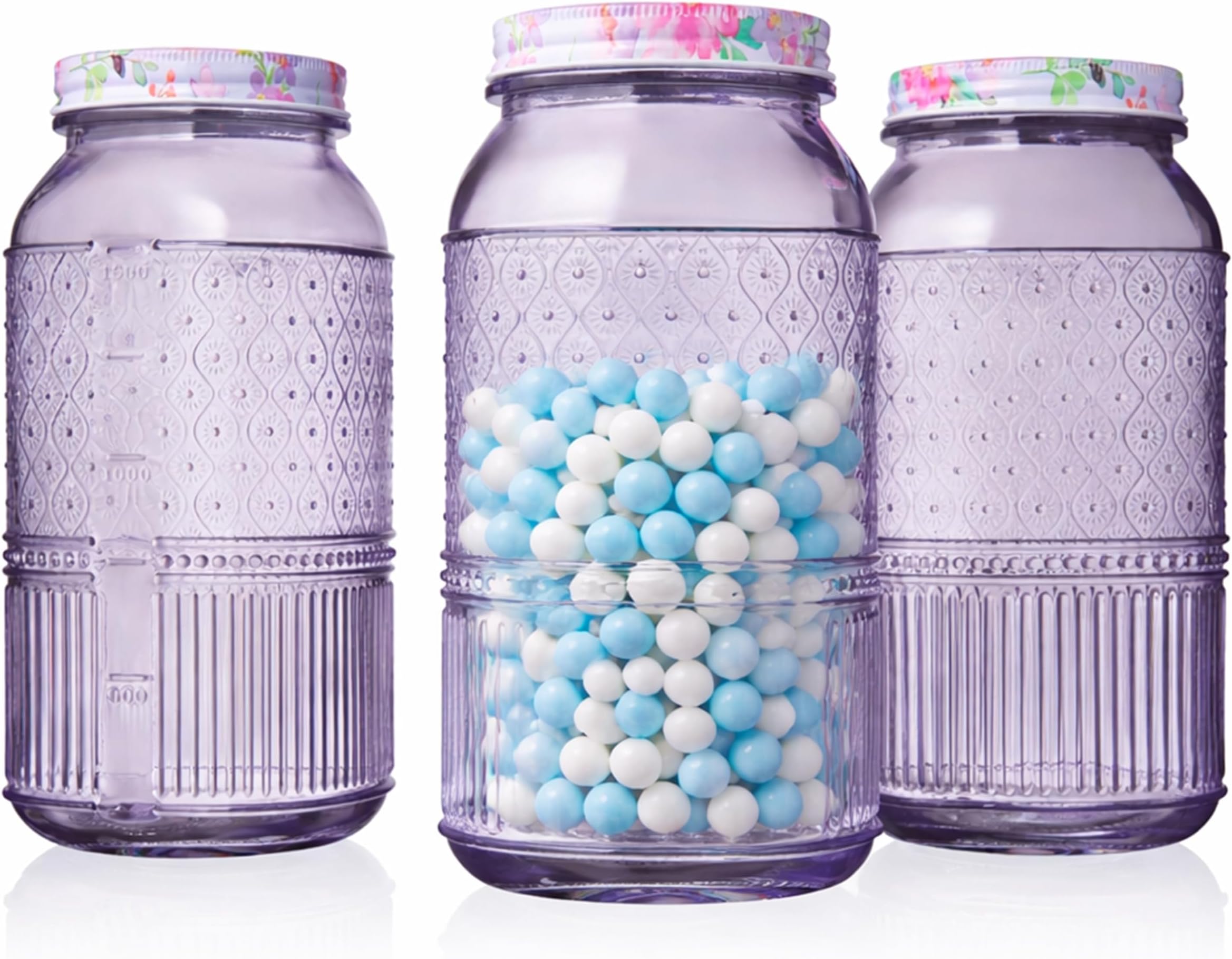 Glass Canisters Set of 3 – 64 oz Mason Jar Style Food Storage Containers with Lids, Jars for Cereal, Pasta, Cookies, Candy, Flour, Sugar, Pet Food, Vintage Claro Collection Kitchen Decor - Lavender