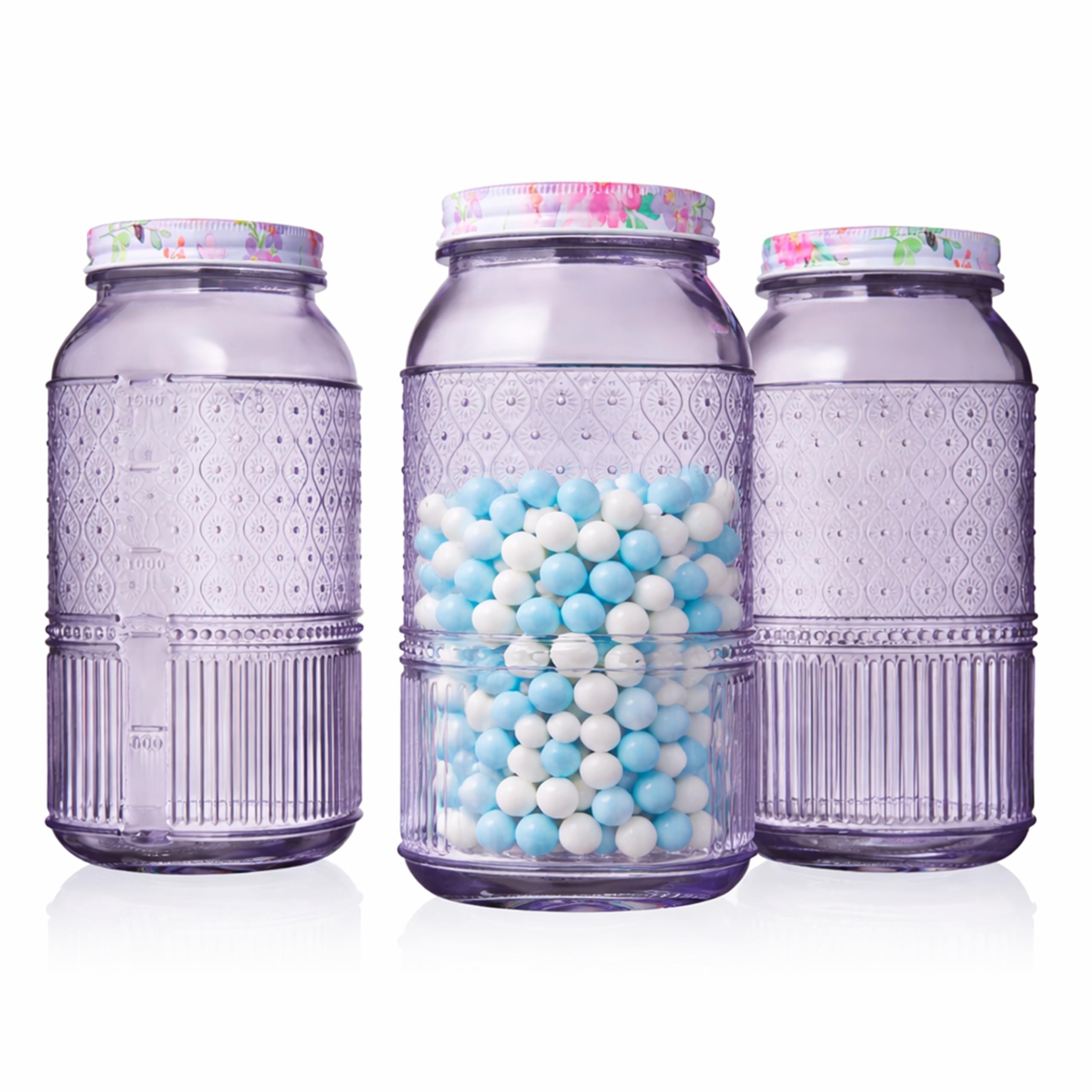 Glass Canisters Set of 3 – 64 oz Mason Jar Style Food Storage Containers with Lids, Jars for Cereal, Pasta, Cookies, Candy, Flour, Sugar, Pet Food, Vintage Claro Collection Kitchen Decor - Lavender