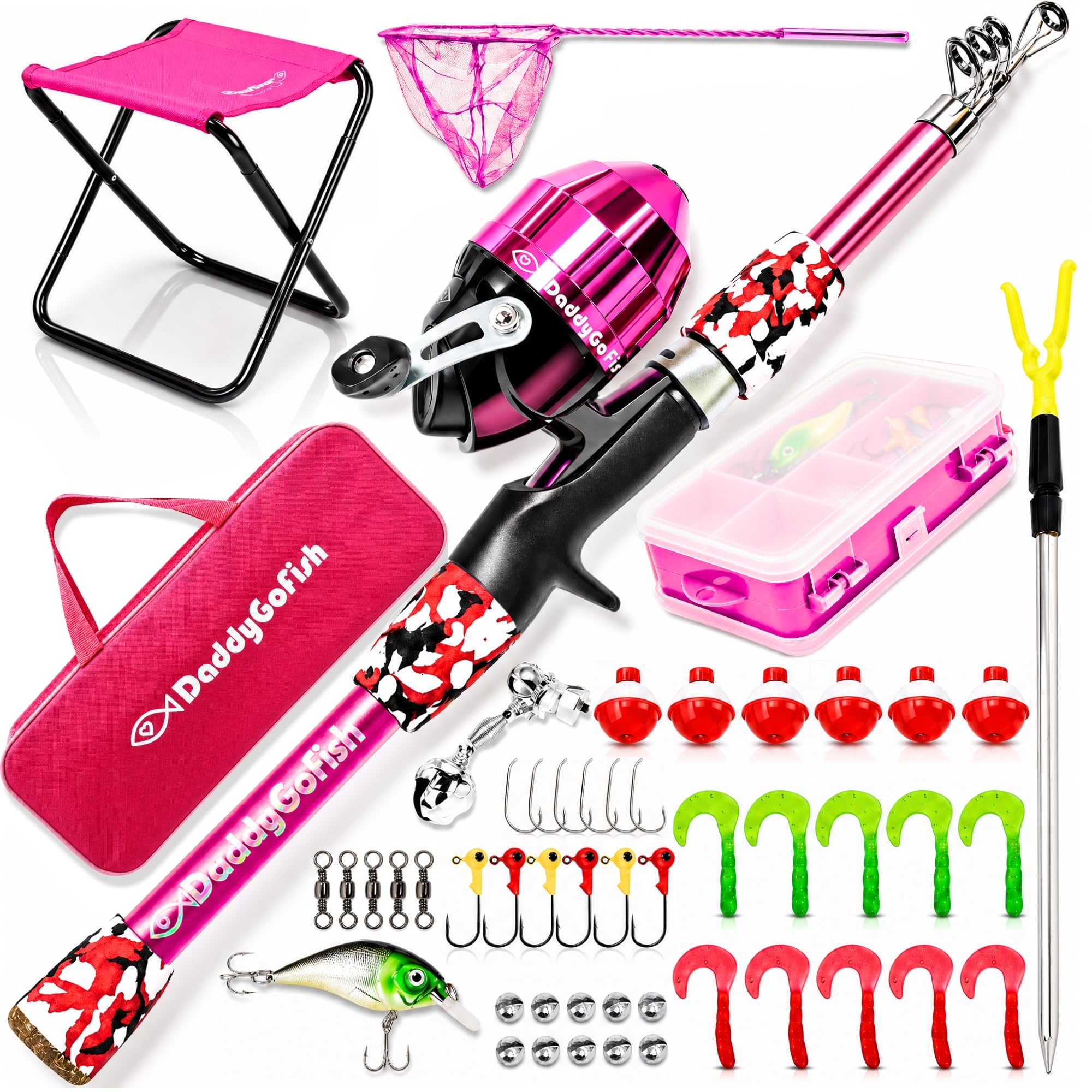 DaddyGoFish Kinder Angelset - Teleskoprute & Rolle Combo mit Klappstuhl, Rutenhalter, Tackle Box, Ködernetz und Tragetasche für Jungen und Mädchen