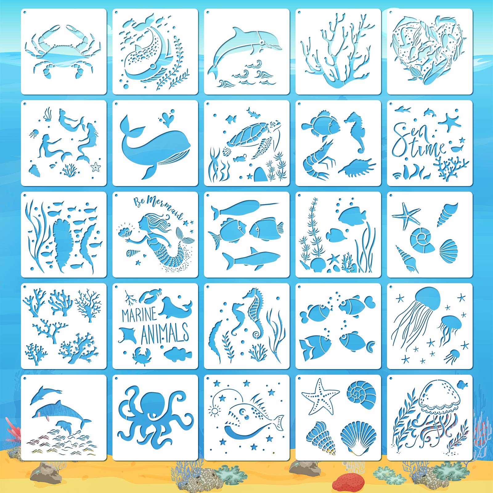 Amazon.co.jp: 25ピース 海の生き物 ステンシル 6インチ 海の