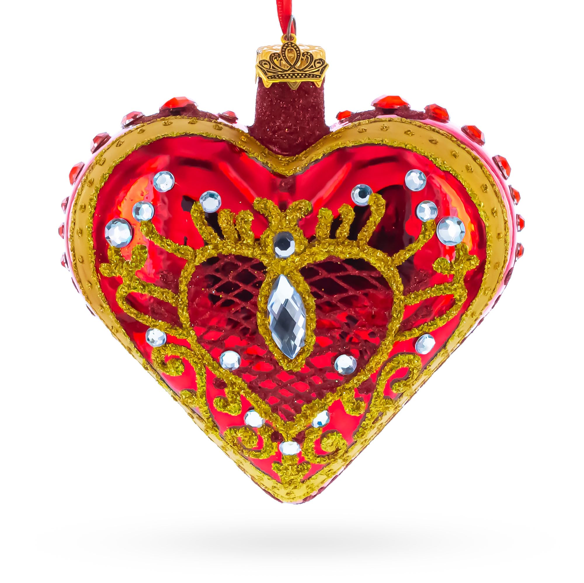 Adorno de corazón de cristal rojo con joyas