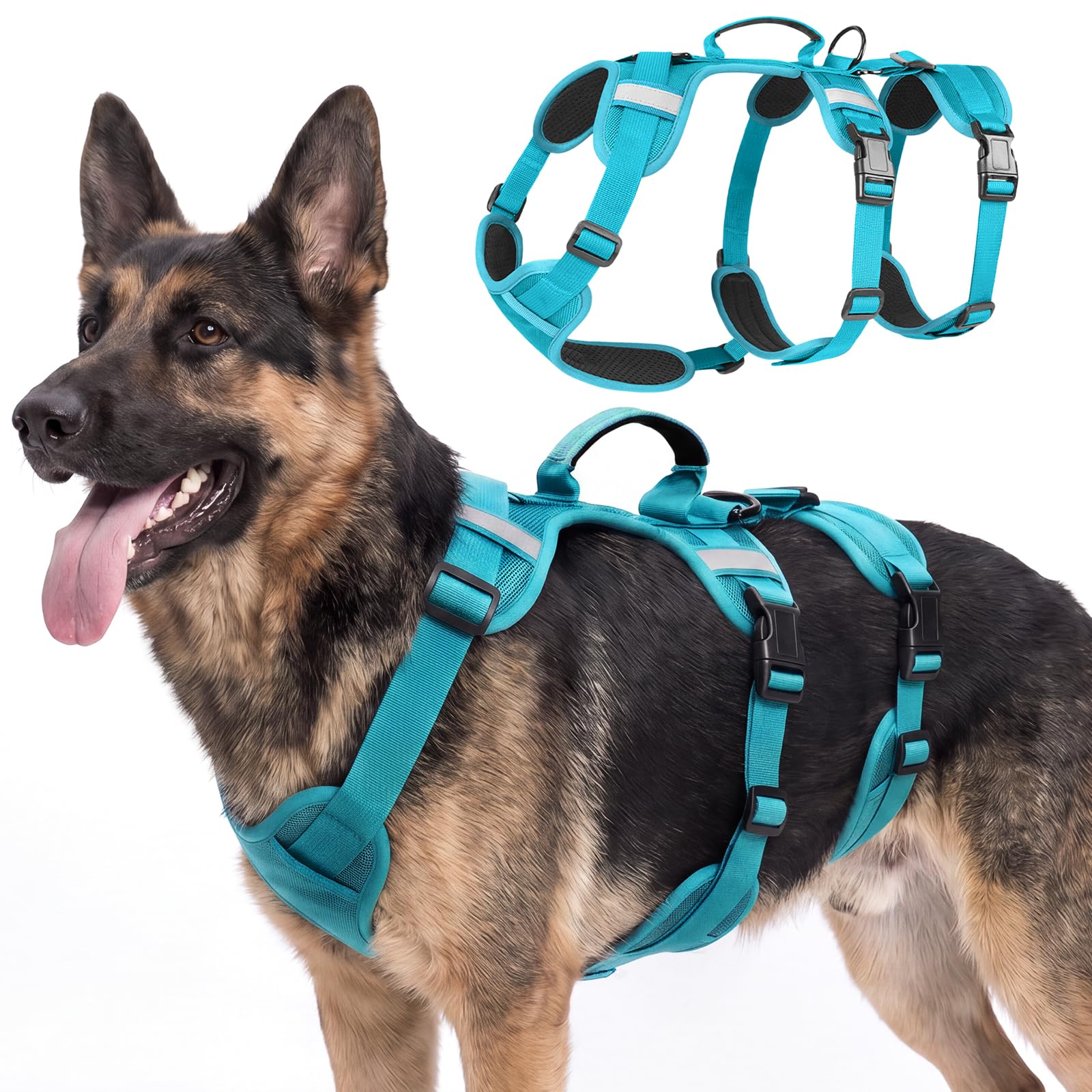 Olcyren Escape Proof Dog Harness, 3 point Reflective Adjustable Dog Harness with Padded Handle, Breathable Comfortable Pet Vest Harness for Medium Large Dogs Outdoor Training Walking (Turquoise, L)