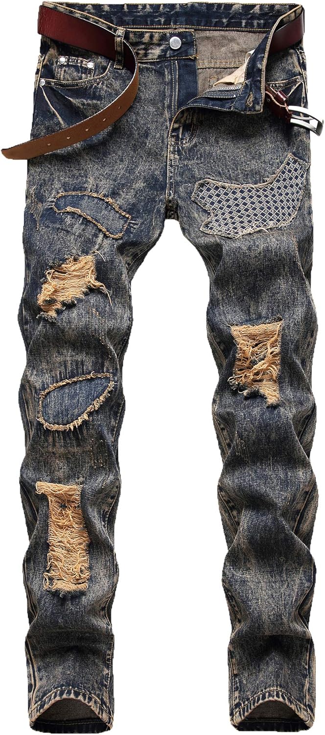 Men's Ripped Distressed Destroyed Straight Slim Fit Patches Jeans,926 Vintage Blue,42