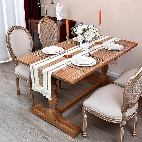 Miniatura 7 de Camino de mesa de macramé para el hogar, 12 x 36 pulgadas, arpillera de algodón rústico, color beige crema, bohemio, entretejido con borlas para