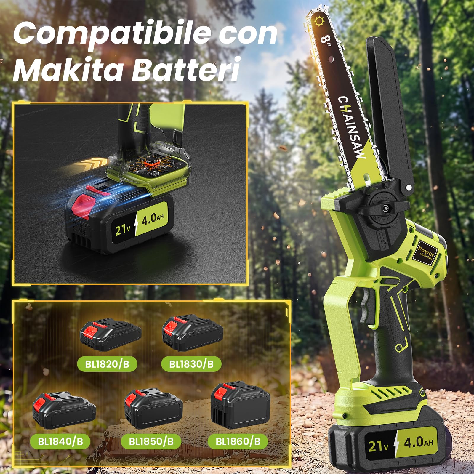 Mini Motosega a Batteria 6/8 Pollici, 1300W Brushless Motosega Elettrica con 8000mAh Batterie, Sega a Batteria per Potatura Pompetta Olio per il Taglio Del Legno e Giardini, Compatibile con Makita
