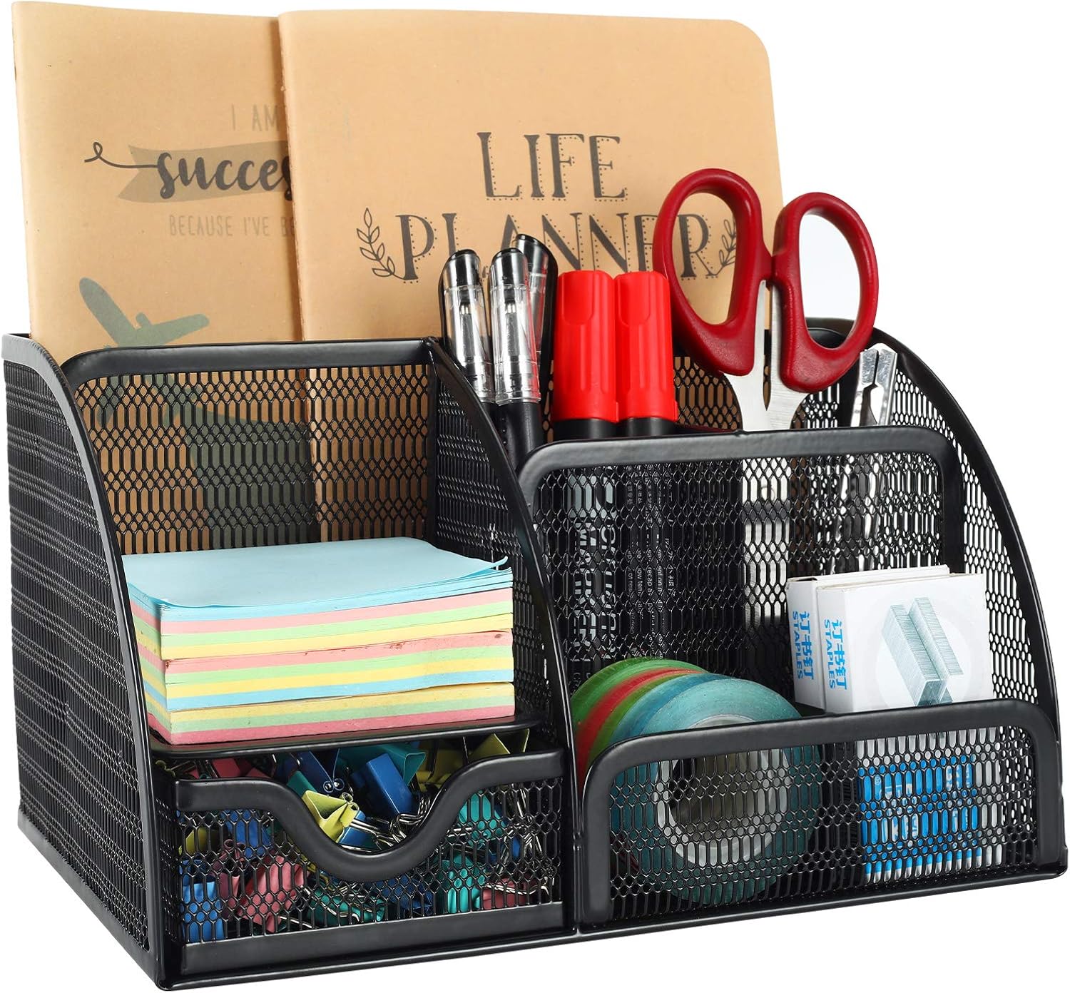 EasyPAG Desk Organizer Office Accessories, Multi-Functional Mesh Desk Organizer with 6 Compartments and 1 Drawer for Home, Office, School, Workshop,Black : Office Products