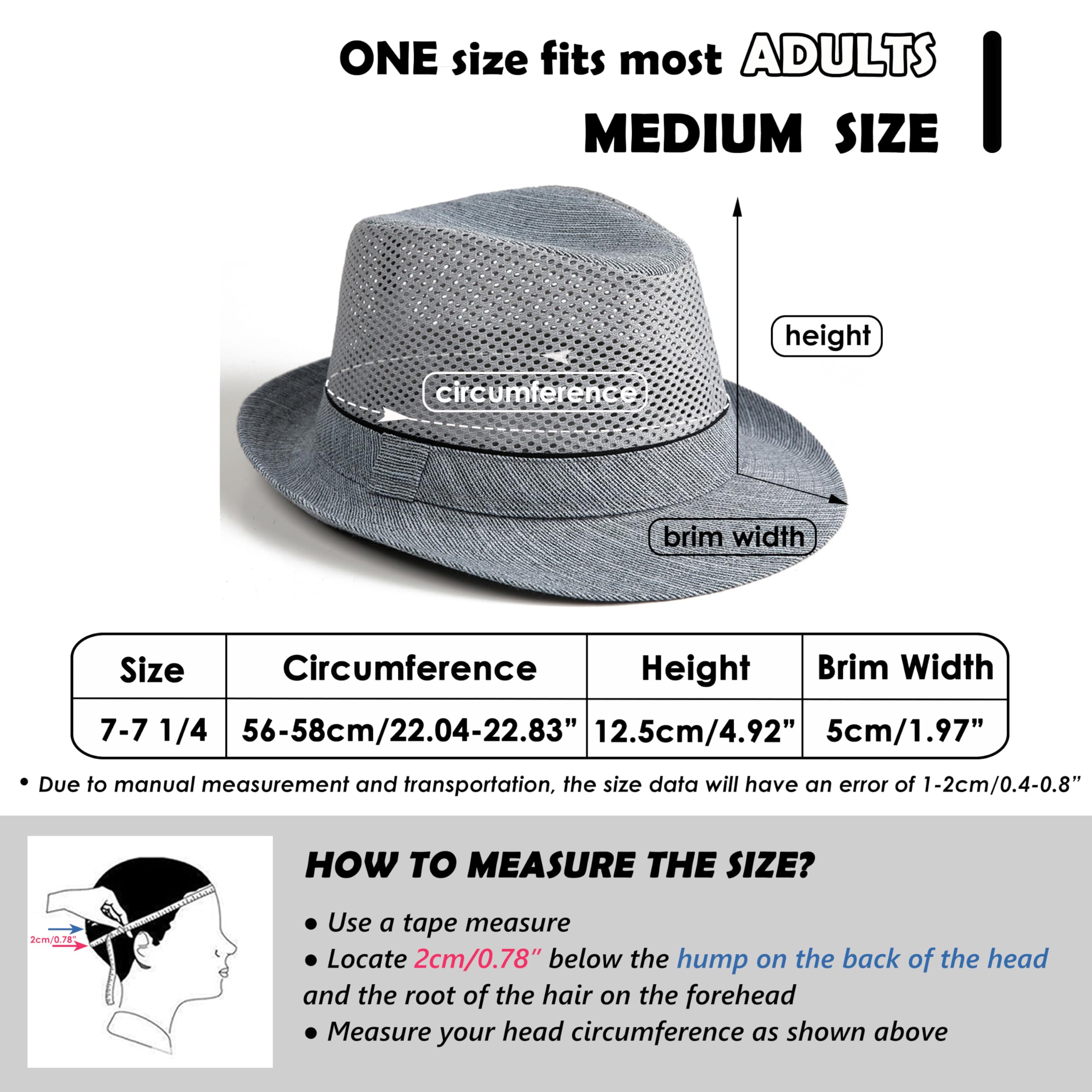 Lisianthus Men's Summer Fedora Hats - Breathable Short Brim Outdoor Hat Grey (Size M)