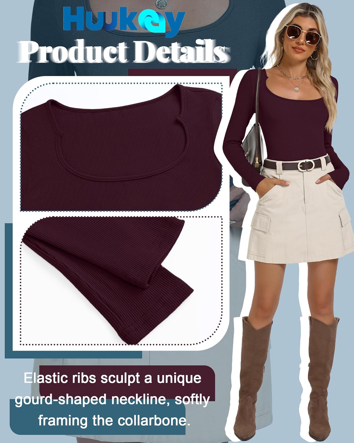 Huukeay 3 Pack Women's Long Sleeve T-Shirts, Scoop Neck Basic Crop Tops Ribbed Knit Y2k Shirts Slim Fit Fall Trendy Outfits - Image 5