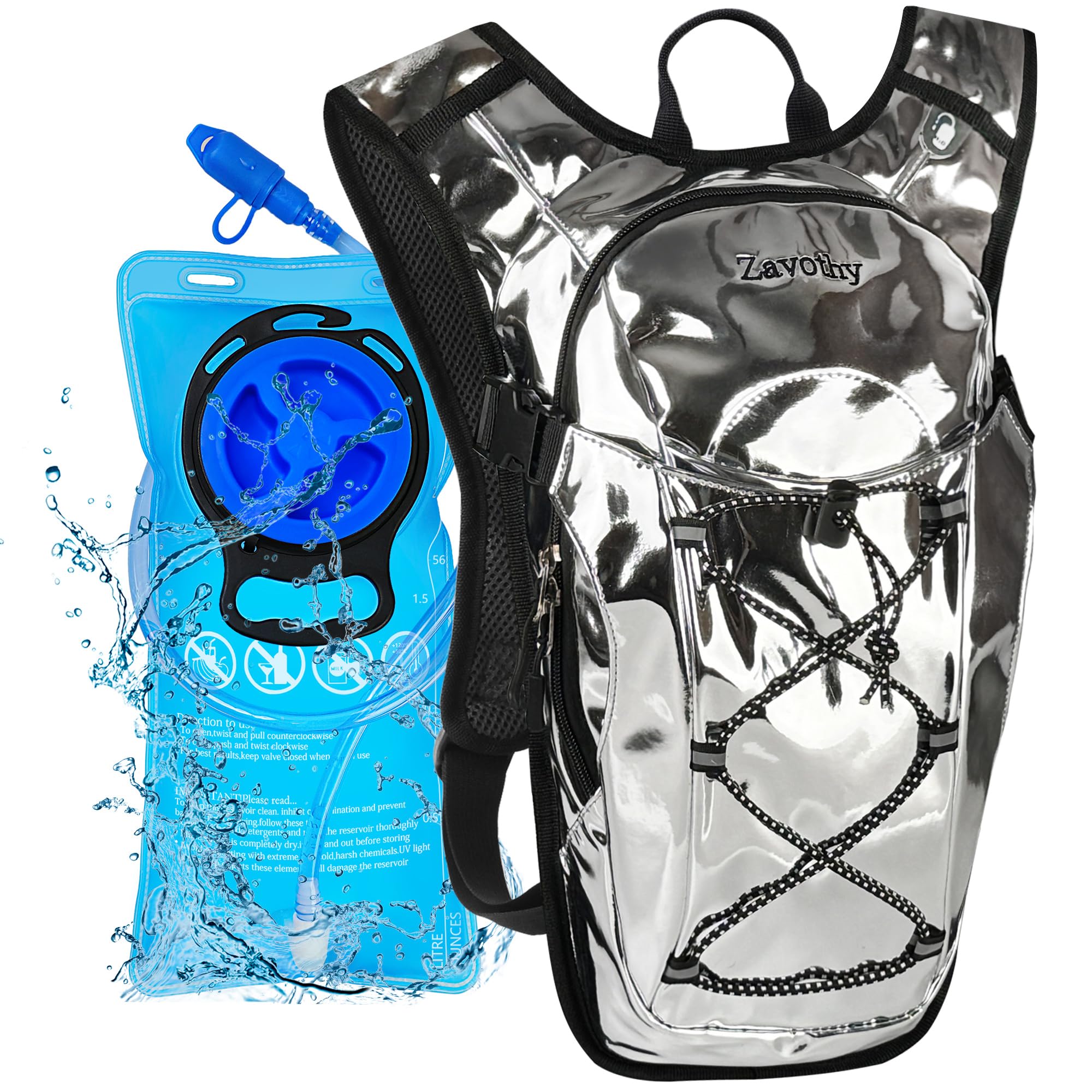 Zavothy Zaino da idratazione leggero per rave per ciclismo, corsa, zaino per idratazione zaino da trekking con sacca d'acqua da 2 l, argento