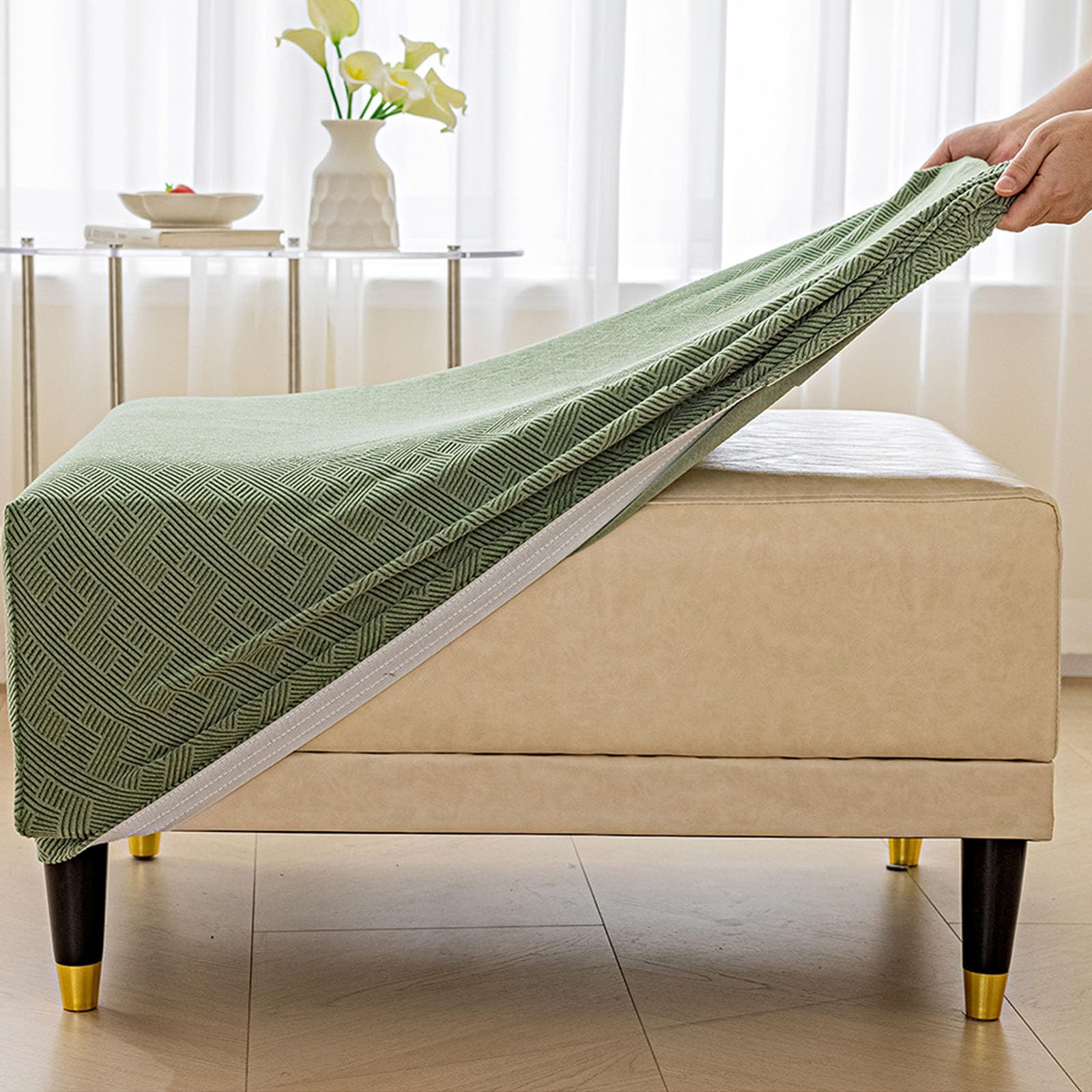 JHLD Housse De Pouf Extensible Rectangulaire Jacquard - Protection Élégante Gris Foncé Petit