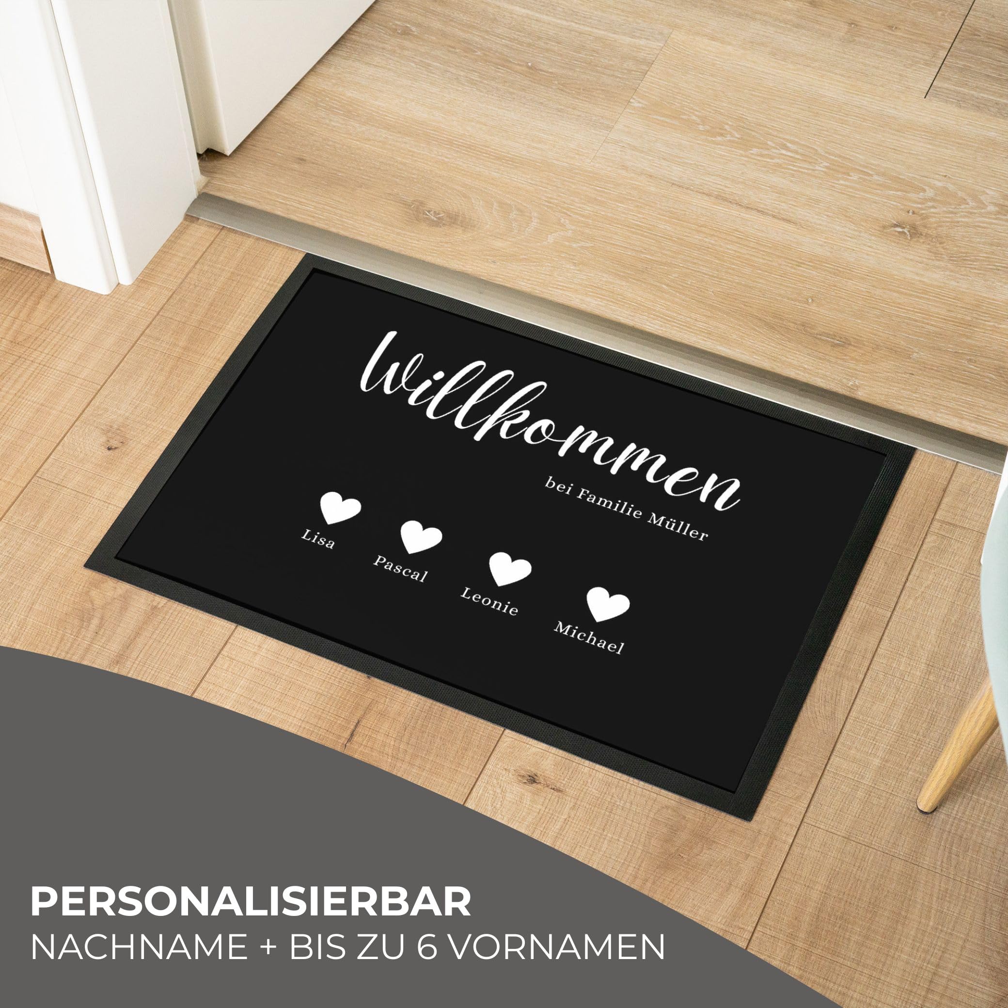 Personalisierte Fußmatte Willkommen bei Familie [Nachname] – Geschenk zum Einzug | Fußmatte außen & innen | Flur Deko & Wohnung Zubehör (Willkommen bei, 60 x 85 cm)