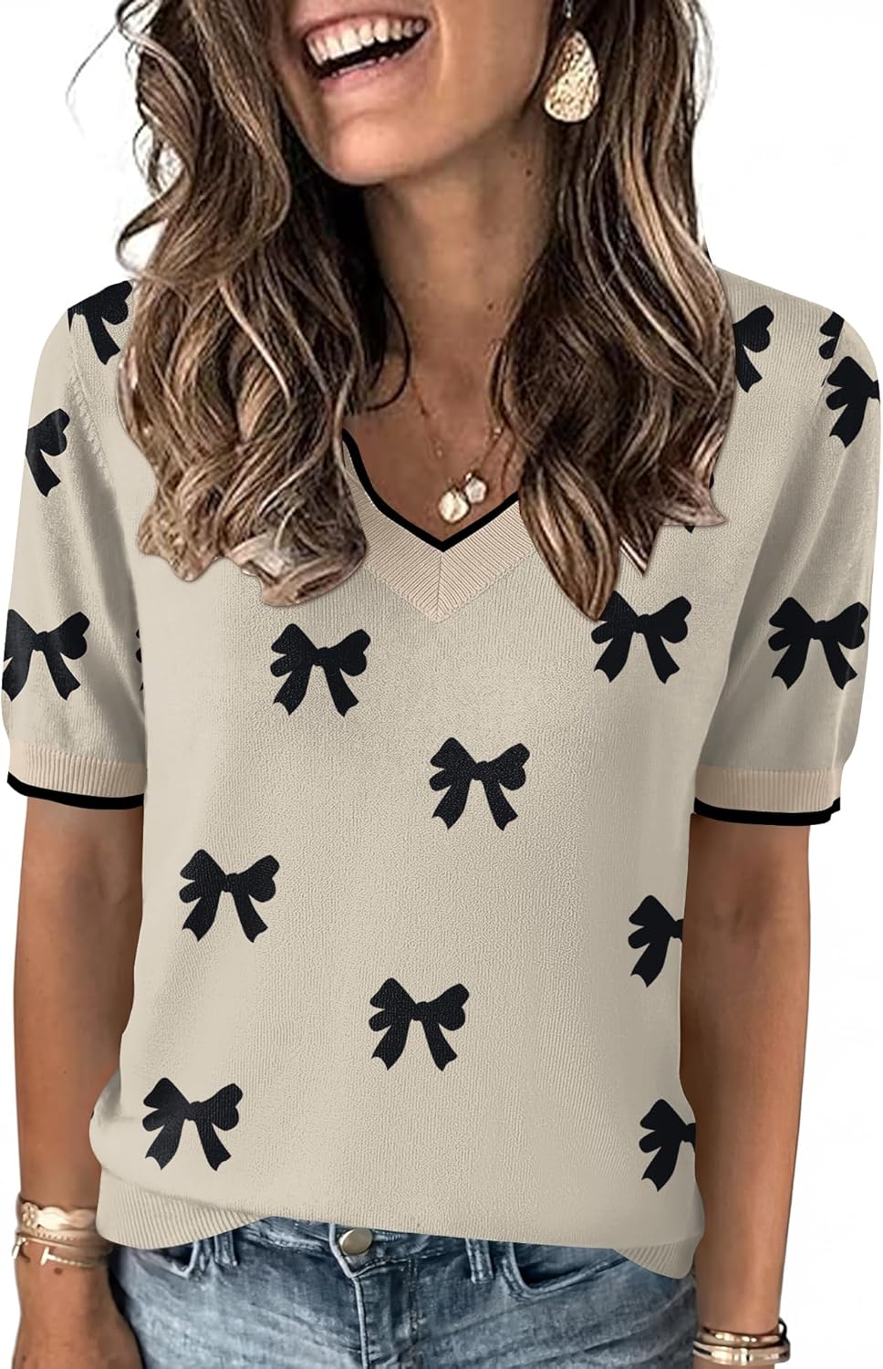 LOMON Womens 2026 Spring V Neck Sweater Casual Tops Short Sleeve Lightweight Ribbed Knit Pullover Sweaters - Image 2