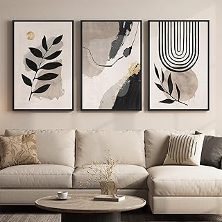 3 Piece Framed Black and White Boho Wall Art, Large Abstract Botanical Plant Canvas Prints Paintings, Minimalist Leaf and Geometric Artwork for Living Room Bedroom Office 24x36 Inch