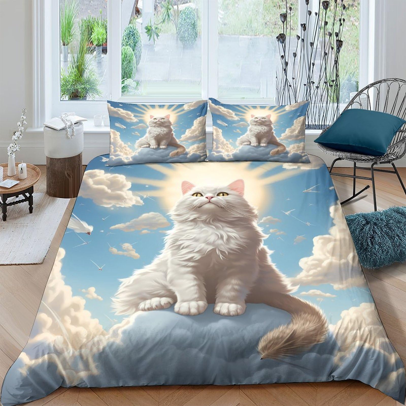 Ctjqhvkz Style-6 3D Printed Angelic Cat Fitted Sheet Microfiber Soft Breathable Cloud Sky Bed Cover For Bedroom Dorm Mattress Decor Single（135X200cm）