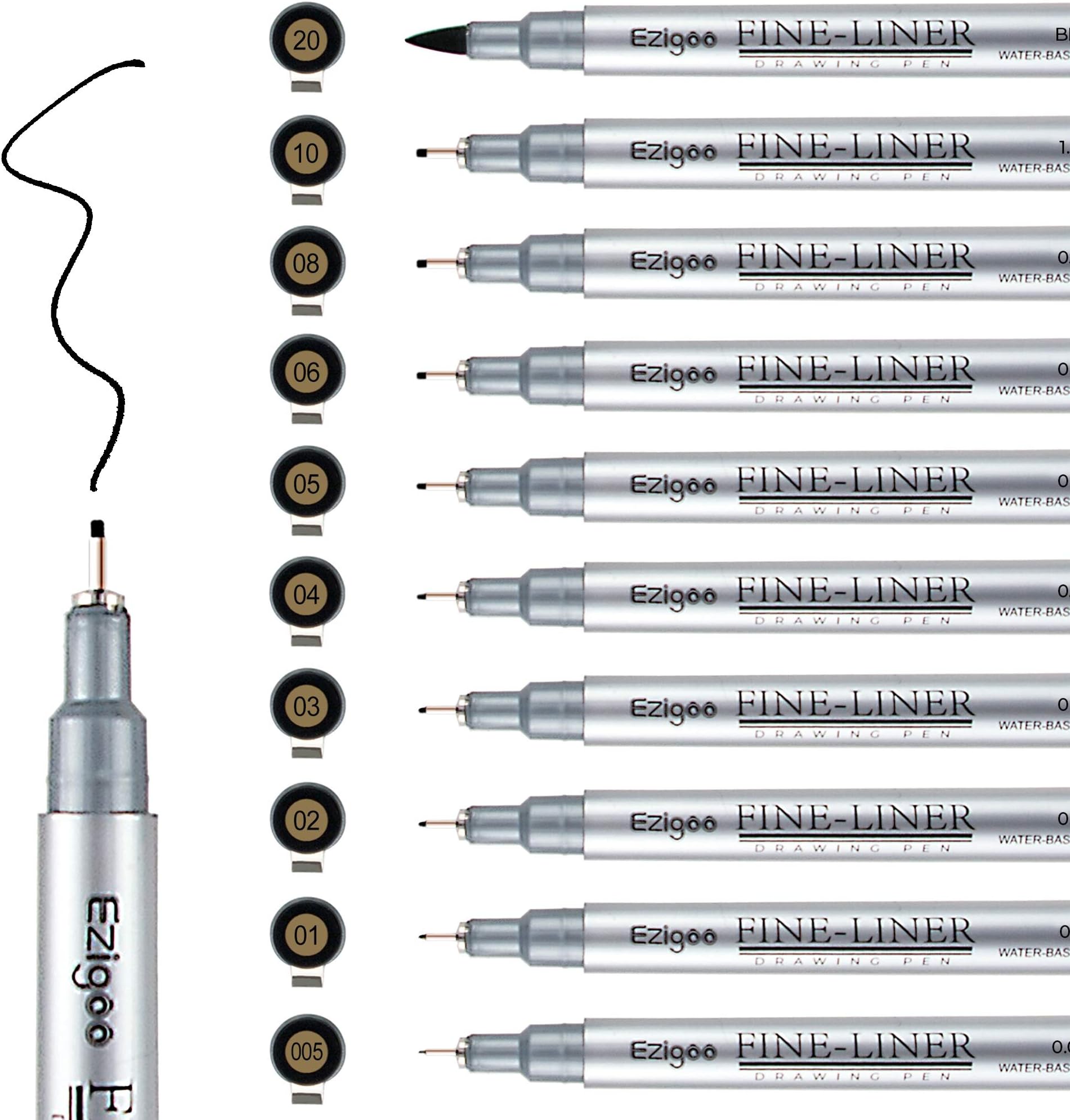 EzigooFineliner Pens for Art Sketches, Technical Drawings, Office Documents - Black Ink Pens Assorted Tips Pack of 10
