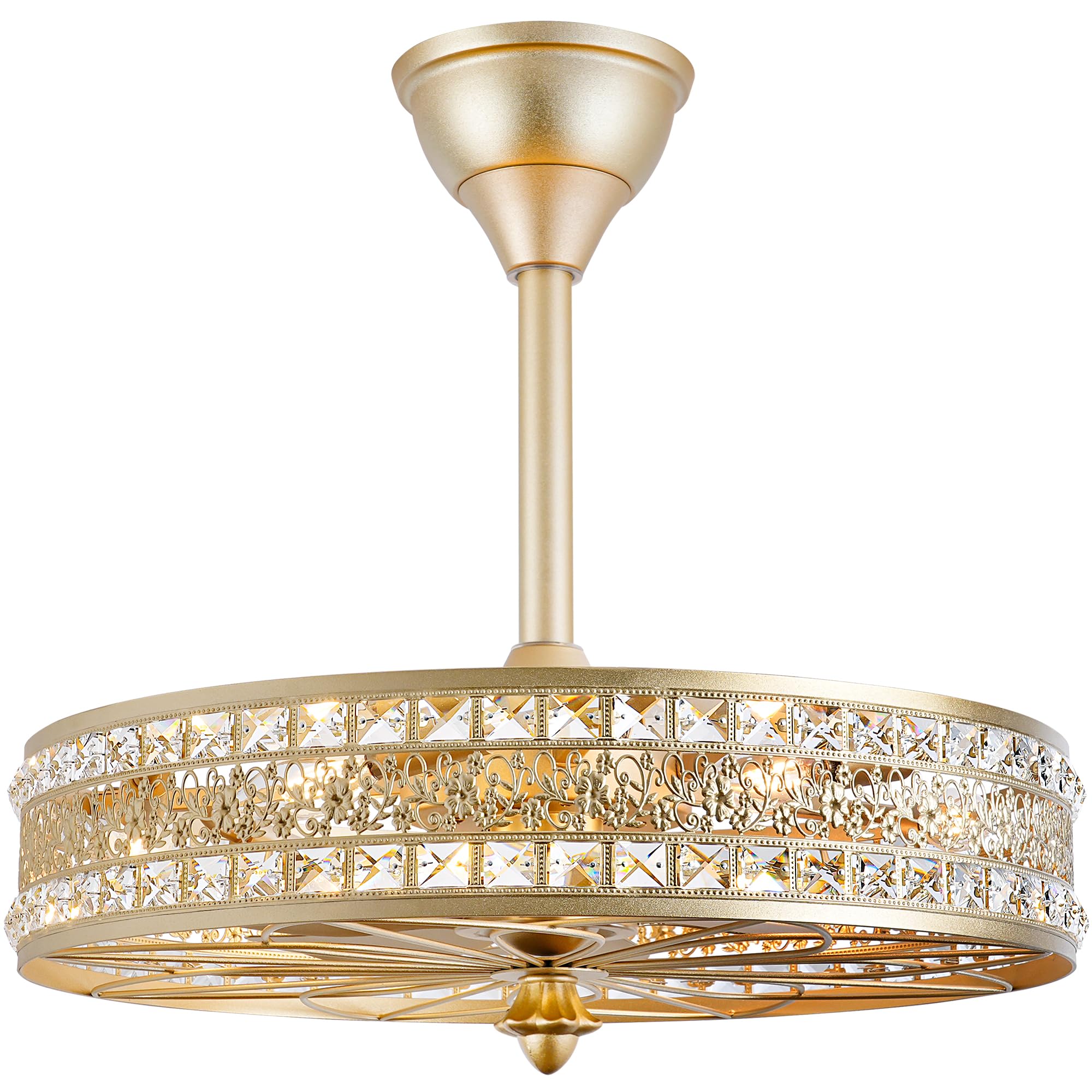 Photo 1 of 24 Inch Fandelier Ceiling Fan with Light and Remote, Luxury Crystal French Rococo Chandelier Fan, Bladeless Enclosed Caged Pendant Light Fixture for Living Room, Bedroom, Dining Room, Kitchen Island