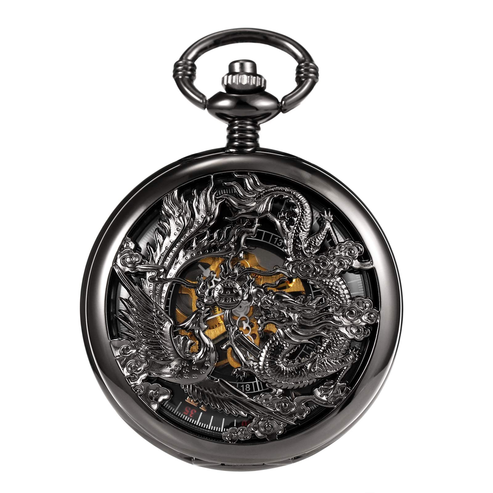 TREEWETO Unisex Antik Taschenuhr Personalisiert Gravur mit Kette analog Handaufzug Drache Phönix Skelett Doppeljäger Römische Schwarz