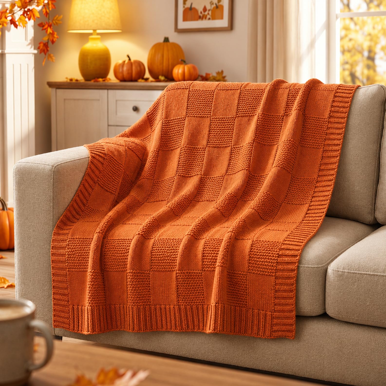 EVERLORIA Rust Orange Throw Blanket 135x150, Fall Check Knitted Blanket for Couch Sofa, 370GSM Soft Acrylic Spun Cozy Checked Knit Throw, Autumn Thanksgiving Home Room Bed Decor Gift