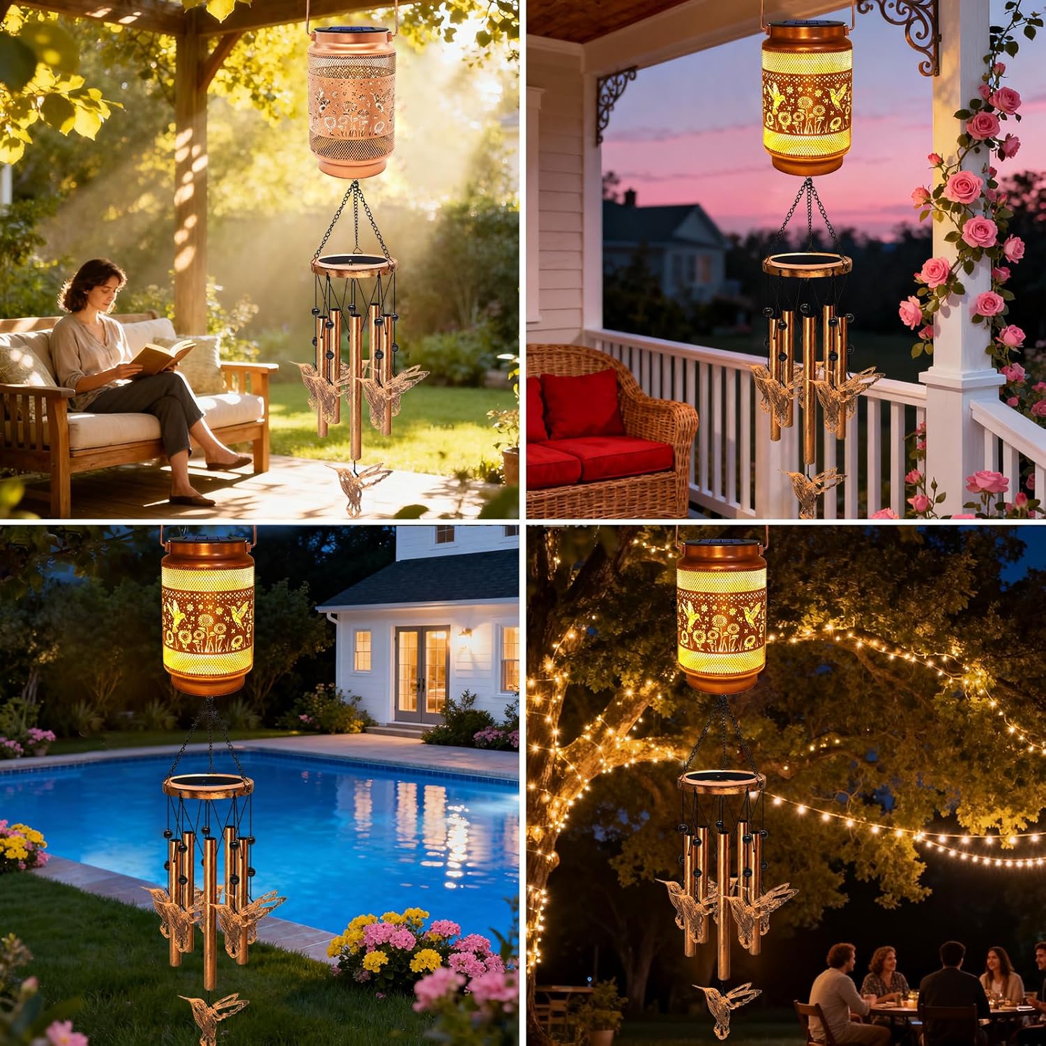 2 Pack Hummingbird Solar Wind Chimes for Outside, Gifts for Mom Women Grandma Birthday Memorial Teacher, 32" Windchimes Outdoor Decor Hanging Solar Lantern for Garden Porch Patio Backyard