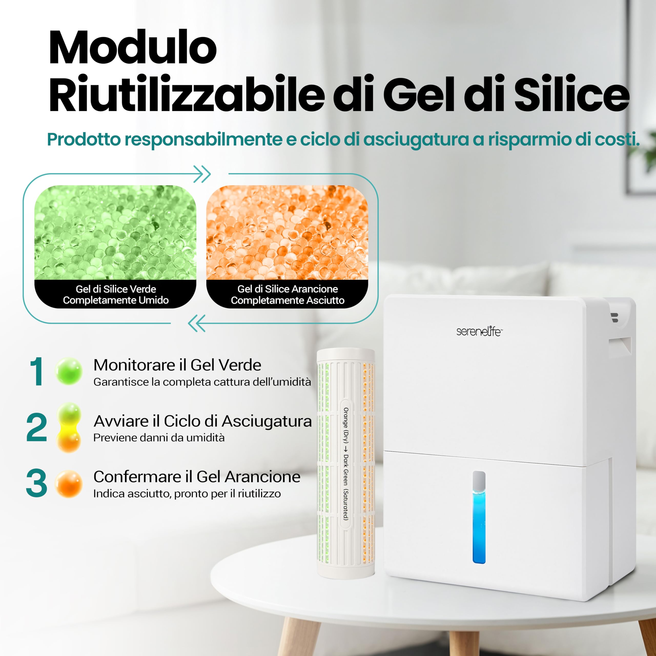 SereneLife Deumidificatore 2-in-1 Bianco 23 x 15 x 33 cm, Filtro Integrato, Serbatoio 2,7 L, Cilindro Removibile e Base Asciugatura, Timer, Modalità Sonno, Casa, Ufficio, Camera, Bagno, SLARP800WT