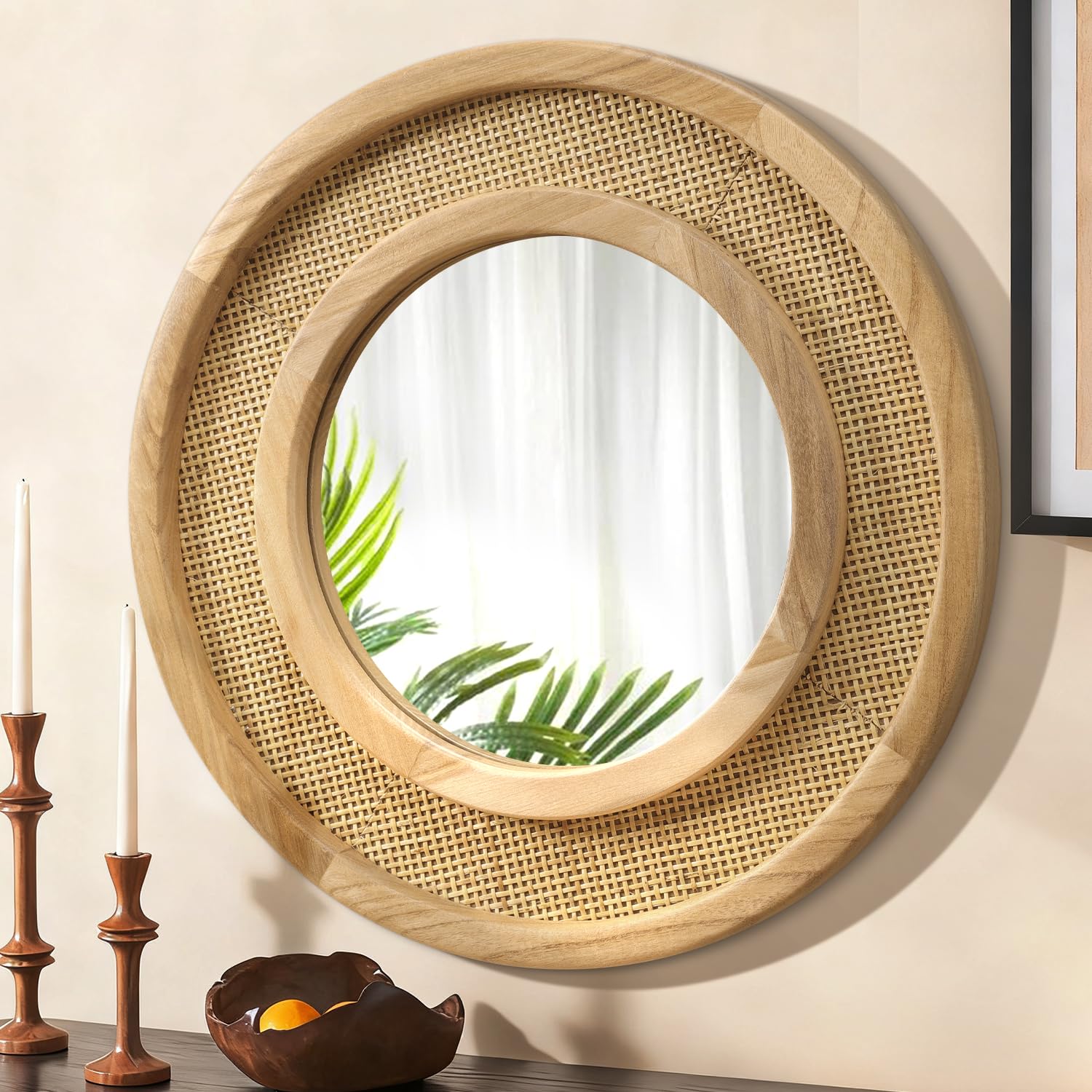 Jjuuyou Round Mirror-Wood Wooden Mirror Circle Mirrors For Wall 40 Cm Circular Hanging Mirrors With Wood Frame For Living Room Bathroom Vanity Entryway Hallway