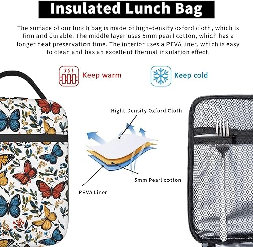Miniatura 5 de Lonchera de mariposa para mujeres, niños y niñas, lonchera aislada, lonchera para adultos, bolsas de almuerzo reutilizables para el trabajo,
