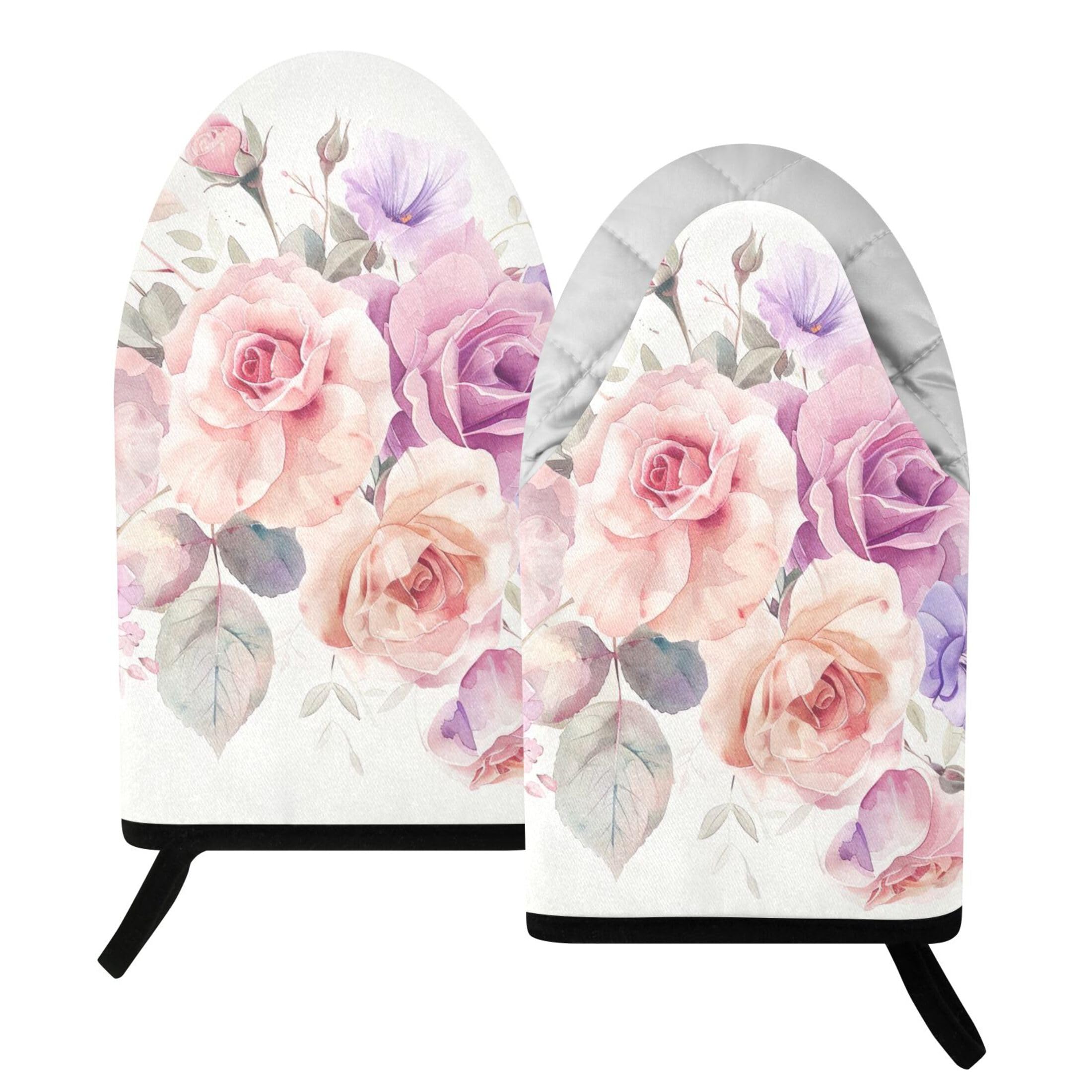 Kutsu Floral Oven Mitts for Kitchen, Heat Resistant Cotton Oven Gloves for BBQ Baking Cooking, Breathable Kitchen Essentials, 2 pcs