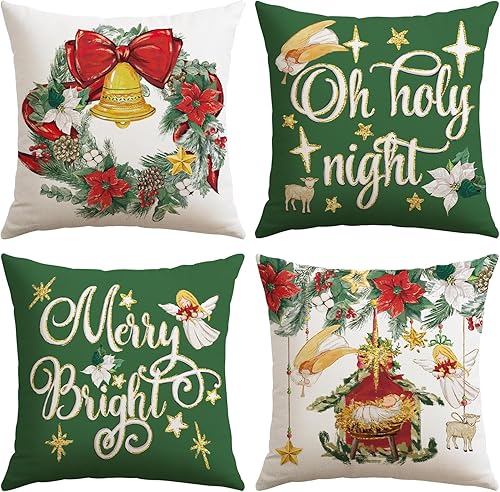 Artscope Juego de 4 fundas de almohada de 18 x 18 pulgadas con diseño de corona de Jesús de Navidad con texto en inglés "Christmas Oh Holy Night"