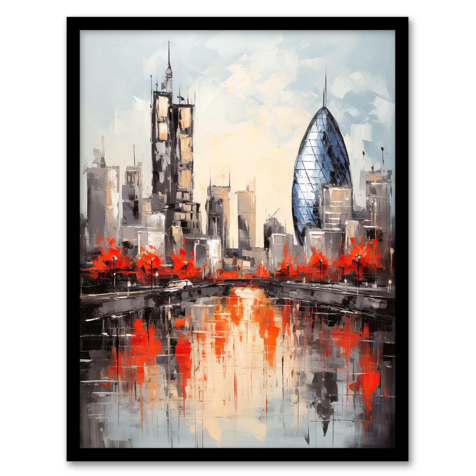 Artery8 London Cityscape Skyline The Gherkin Oil Painting Thames Reflections In Autumn Artwork Framed Wall Art Print A4