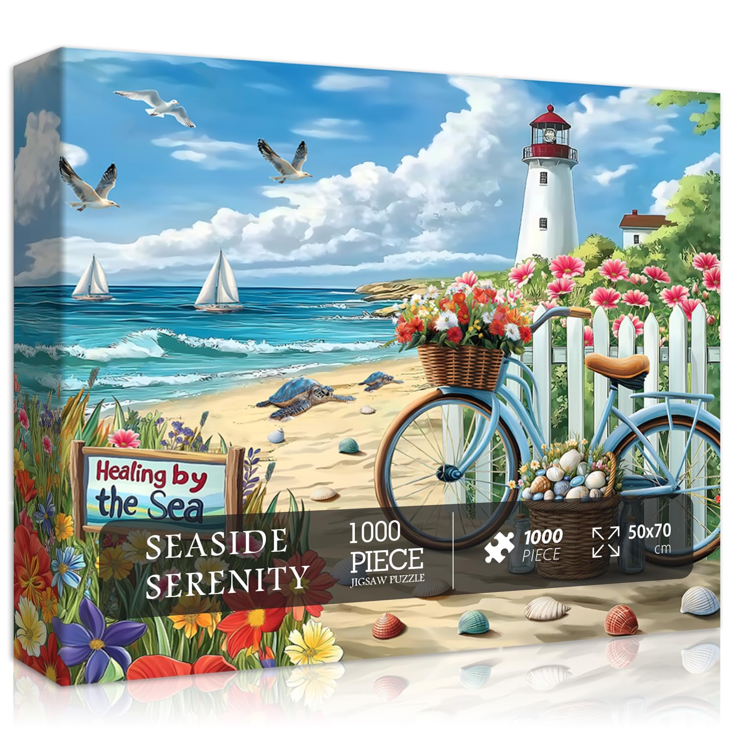 PICKFORU Beach Puzzles for Adults 1000 Pieces, Coastal Lighthouse Puzzle with Flowers Bike Sea Turtle, Nature Summer Ocean Jigsaw Puzzles, Seaside Scenery Challenge for Adults