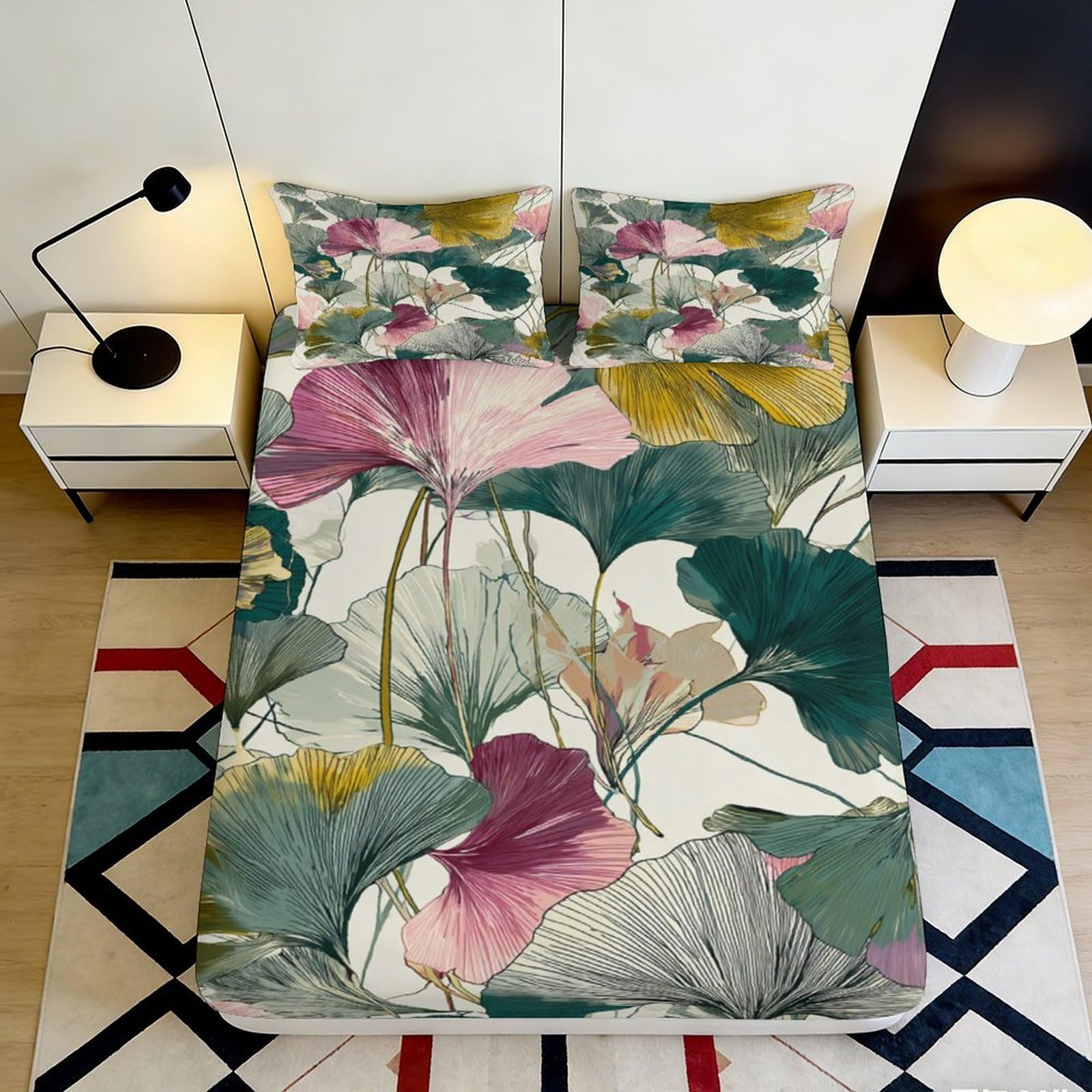 3D Printed Botanical Garden Fitted Sheet Microfiber Soft Breathable Abstract Leaf Bed Cover for Bedroom Dorm Decor 90x200x25cm