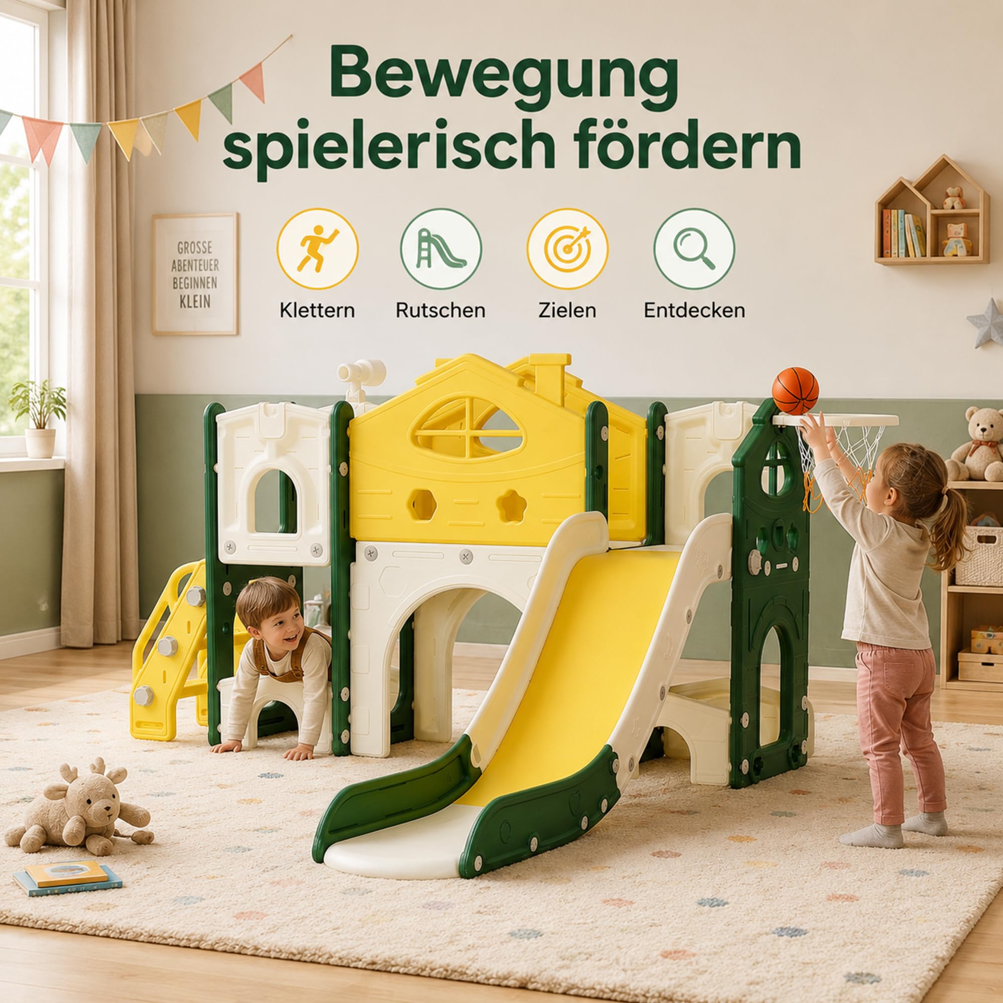 DULRLLY 5 in 1 Kinder Rutsche Indoor Outdoor, Rutschhaus mit Klettergerüst, Basketballkorb Und Tunnel, Schaukel und Treppe, Montessori Kinderspielplatz Wohnzimmer & Kinderzimmer ab 1–6 Jahre