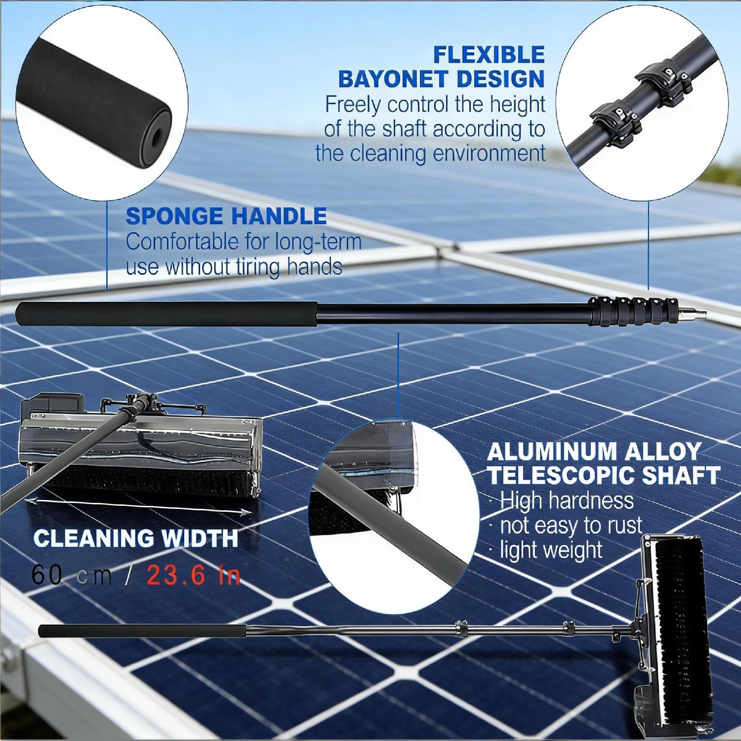 Cepillo telescópico para Limpiar Paneles solares, ángulo Ajustable de 360°, Mango de 5,5 Metros para Cristales de caravanas, letreros de Tiendas y Vallas publicitarias.