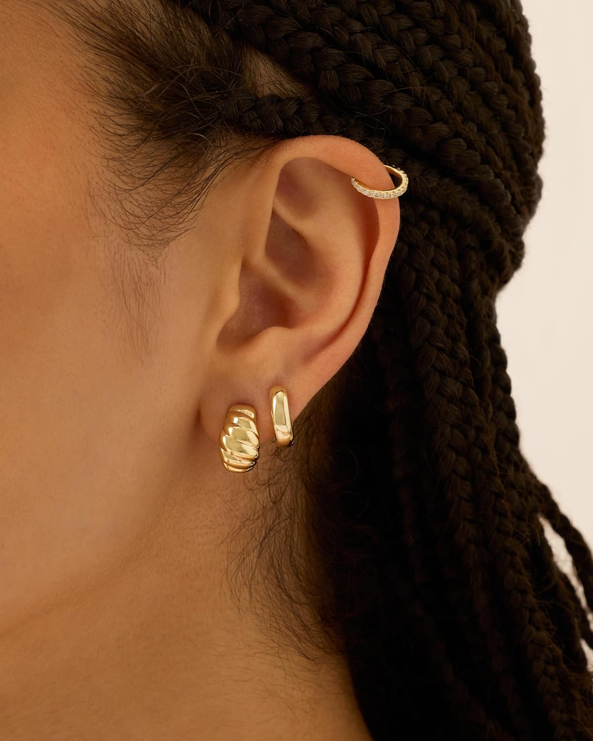 PAVOI 14K Gold Plated Ribbed Hoop Earrings for Women - Chunky Ridge Statement Earrings - Boho Puffy Croissant Huggie Hoops Trendy Gold Jewelry - Image 2