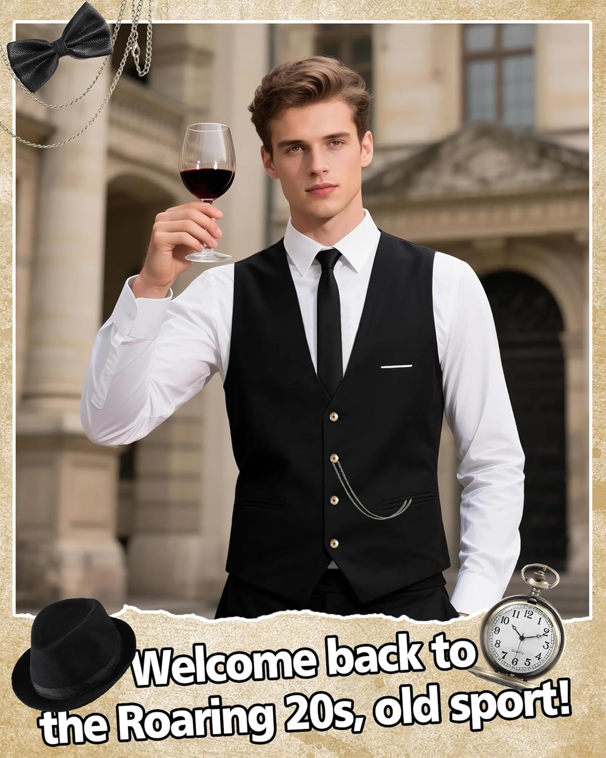 1920s Mens Costume, Roaring 20s Costumes for Men, Fedora Hats for Men 1920S Mens Outfit with Hat, Vest,Pocket Watch - Image 2