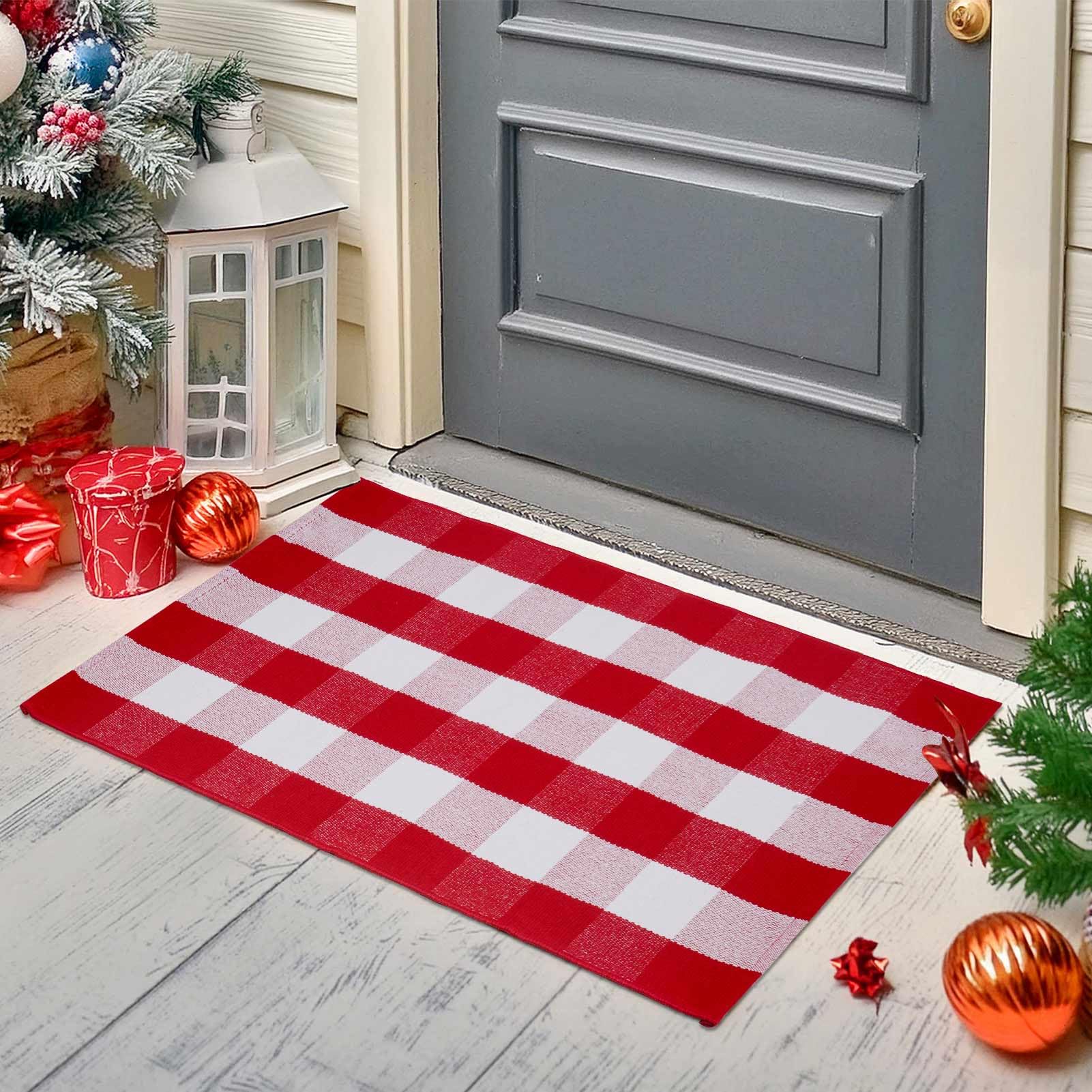 Alfombra de cuadros rojos y blancos de Navidad de 27.5 x 43 pulgadas, tejida a mano para interiores y exteriores, mezcla de algodón, lavable, perfecta para porche, sala de estar, entrada
