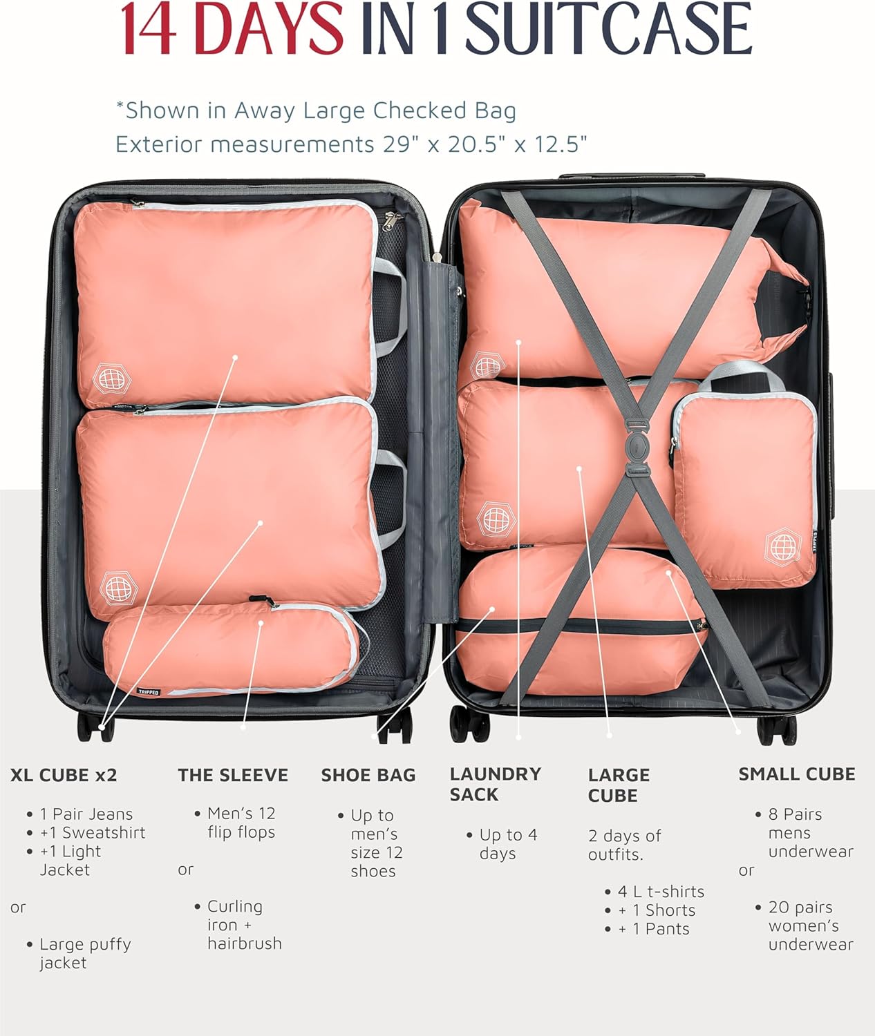 Large Compression Packing Cubes for Travel-Packing Cube Luggage Organizers 7 Piece Set for Checked Luggage-Ultralight, Expandable/Compression Bags by TRIPPED Travel Gear (Dusty Rose) - Image 3