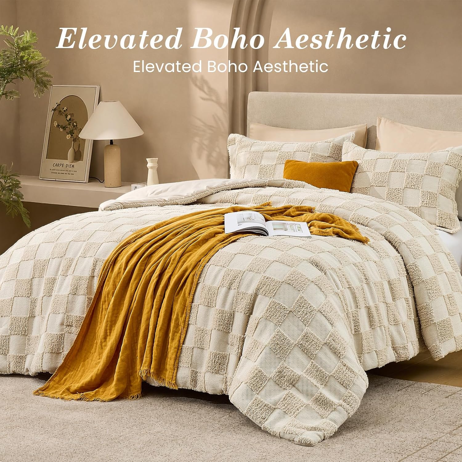 Sasttie Checkered Comforter Queen Set, 3 PC Boho Bedding, Tufted Bed, Beige | Plaid Geometric Design, All-Season Use, Farmhouse Style, Soft Jacquard Texture, for Bedroom, Guest Room & Dorm image 2