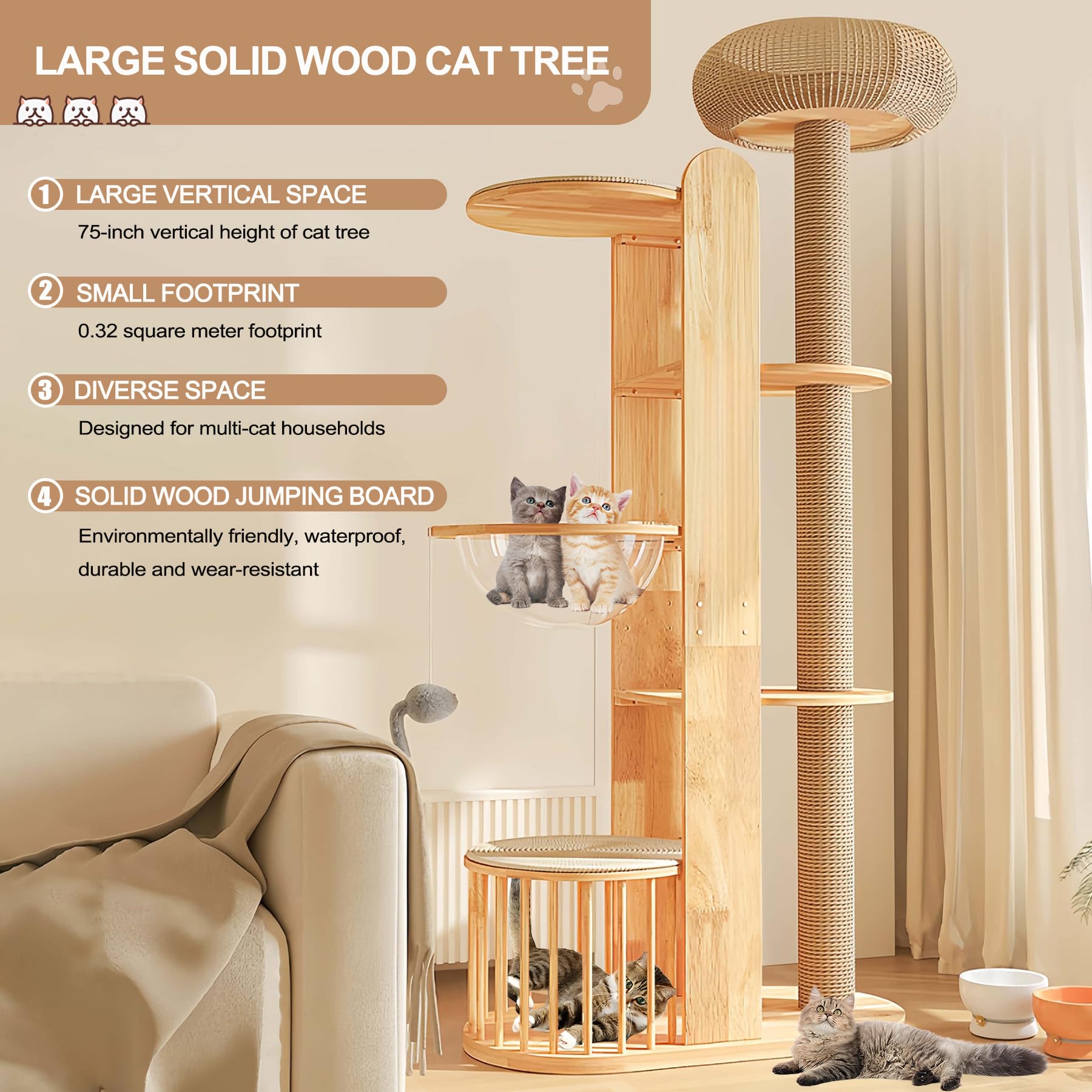 Rascador grande, pesado y estable, de madera maciza, 190 cm – Árbol rascador XXL con revestimiento de sisal, 3 plataformas, 1 casa tejida para gatos y juguete para ratón, robusto árbol de escalada