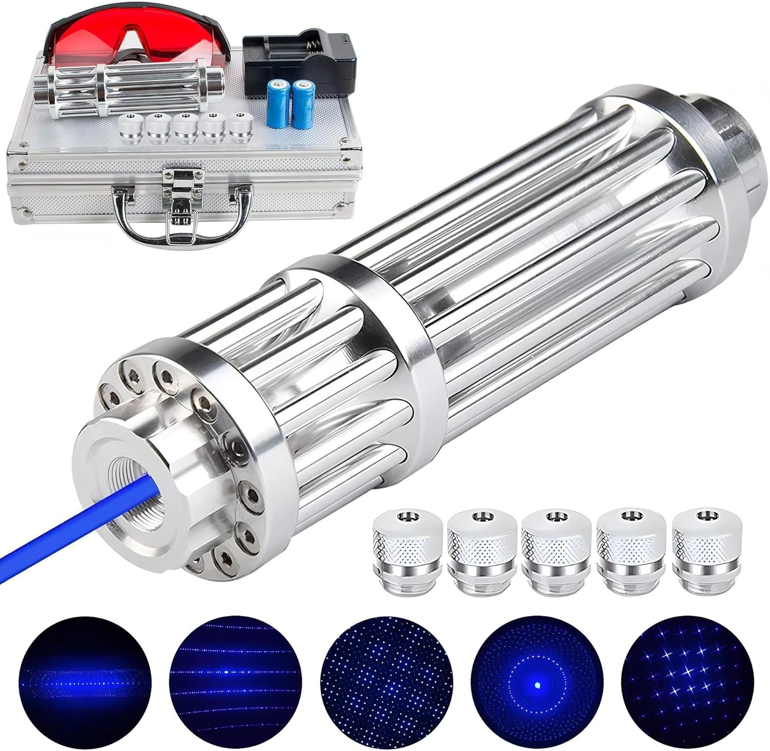 High Power Blue Flashlight, Long Range Powerful Blue Light, Rechargeable Flashlight with 5 Star-Cap for Camping, Hiking, Hunting, Fishing, Silver