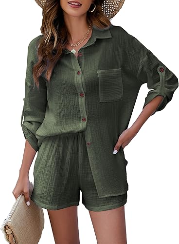 Flygo Conjunto de 2 piezas para mujer, conjunto de pantalones cortos de algodón y lino, manga enrollable, camisa con botones y pantalones cortos