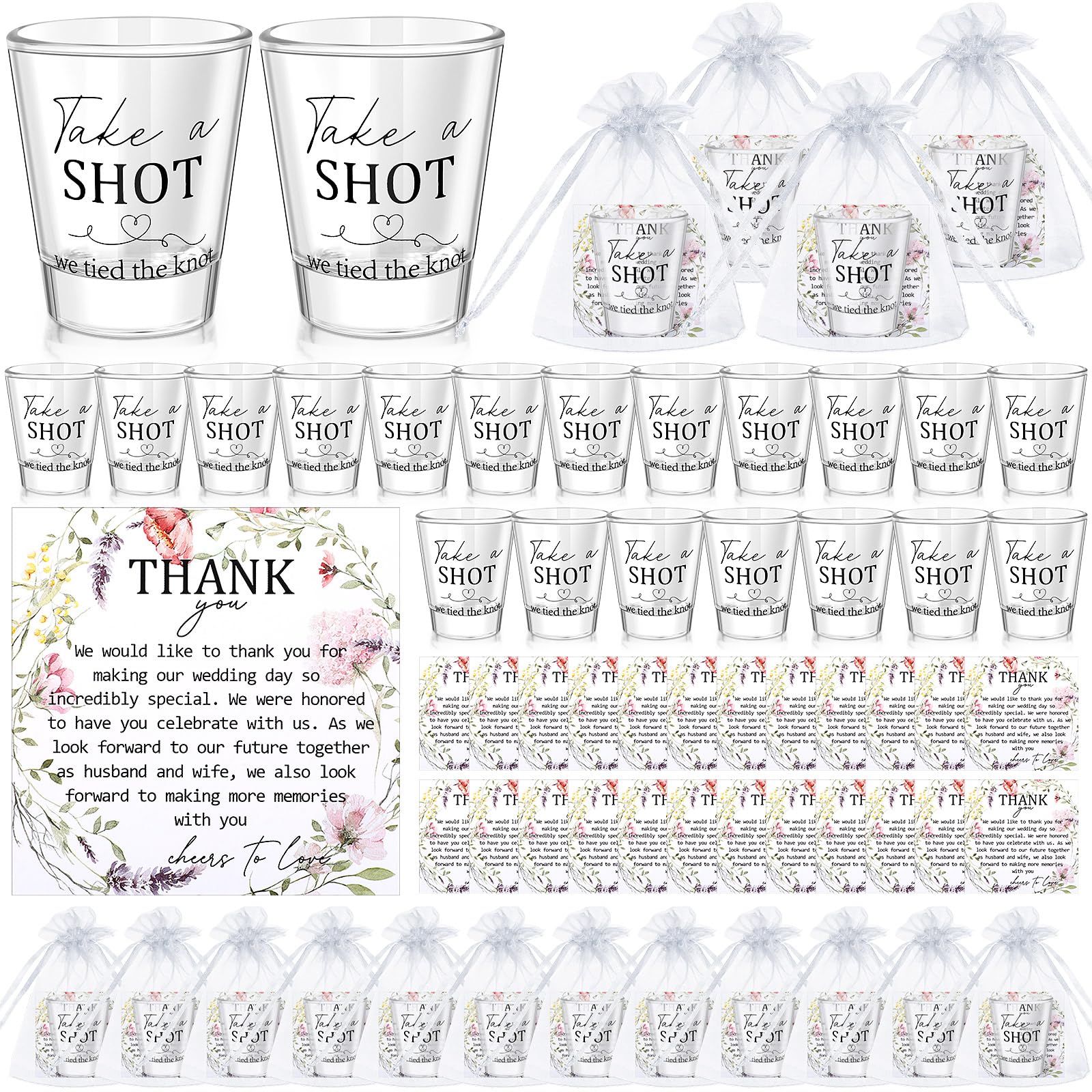 Roshtia 50 Sets Wedding Favors for Guests 2 oz Wedding Shot Glasses Cups with Thank You Cards and Organza Bags for Bridal Shower Party Supplies (Floral)