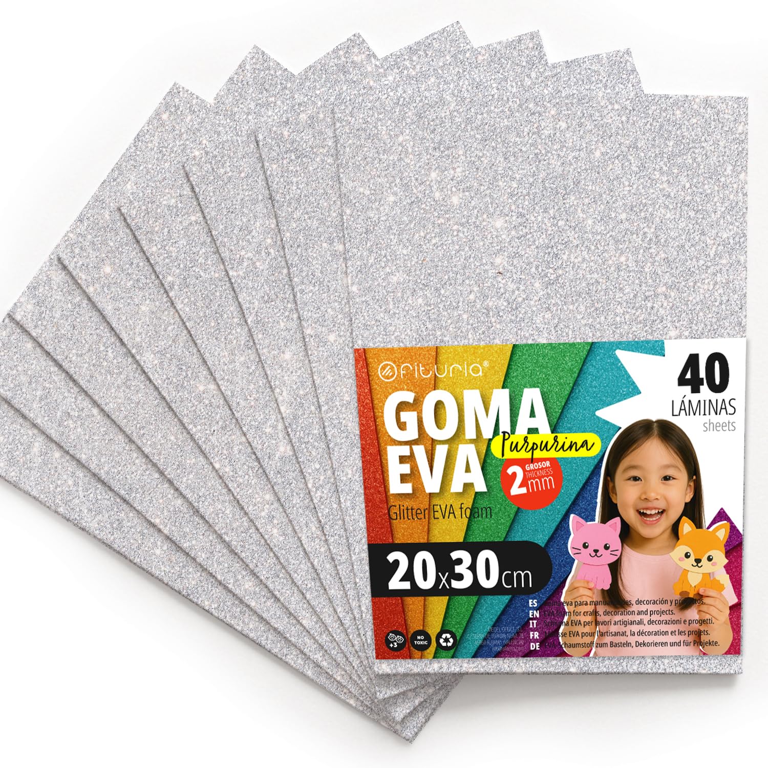 OFITURIA Fogli di Gomma Eva Glitterata per Lavoretti Creativi, Progetti Scolastici, Scrapbooking e Decorazioni Artistiche 20x30cm (Bianco Glitterato, 40 pz)