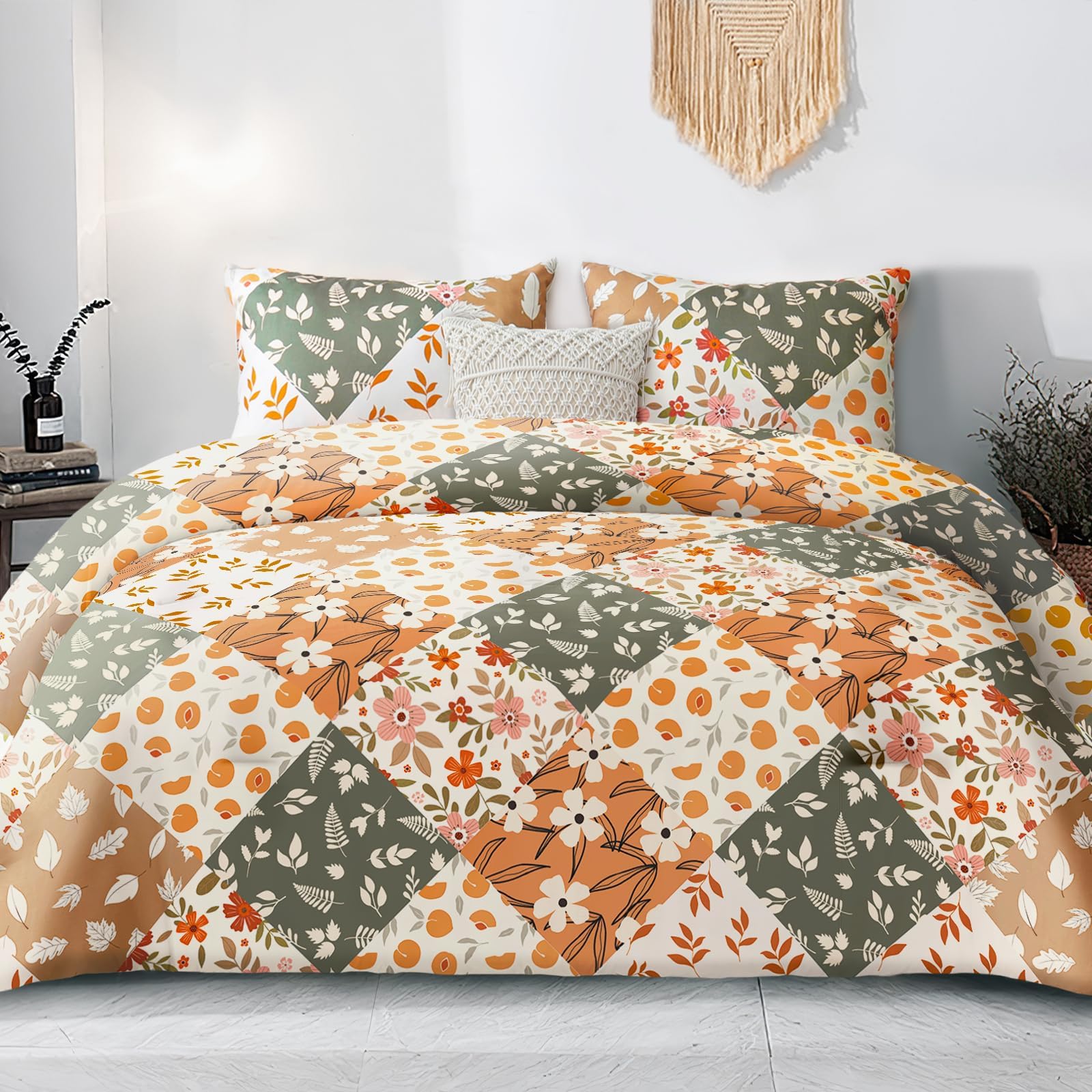 Whale Flotilla King Size Coverless Duvet Set 7.5 Tog, Patchwork Floral Bed Cover Bedding Comforter Duvets Sets for All Seasons, Machine Washable, 220×230CM, Orange