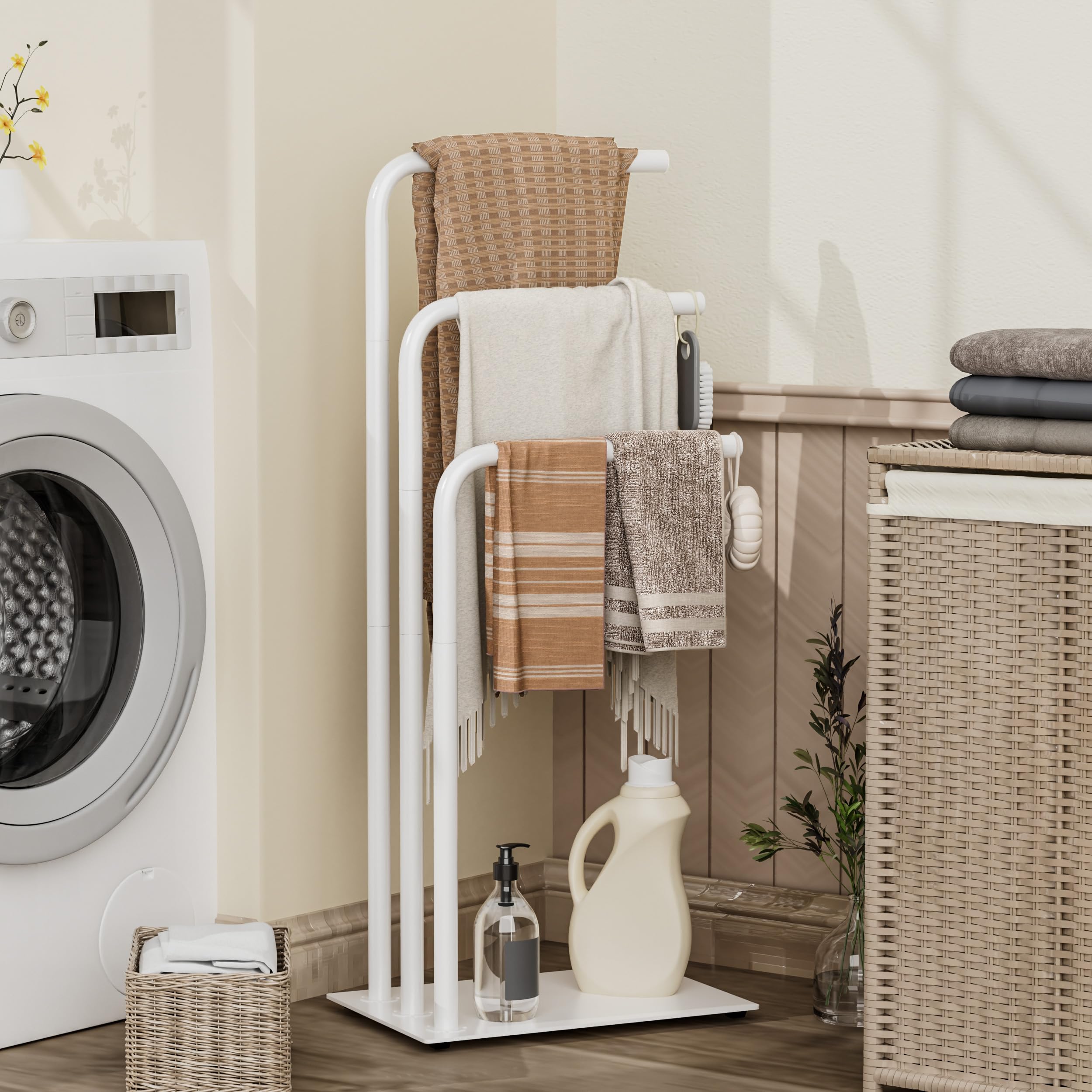 OUTBROS Porte-Serviettes sur Pied,3 Tubes en Acier Suspendus,Convient pour Les Chambres De Salle De Bains,Porte - Serviettes Salle De Bain,39x26x90cm,Blanc,EYJ108W