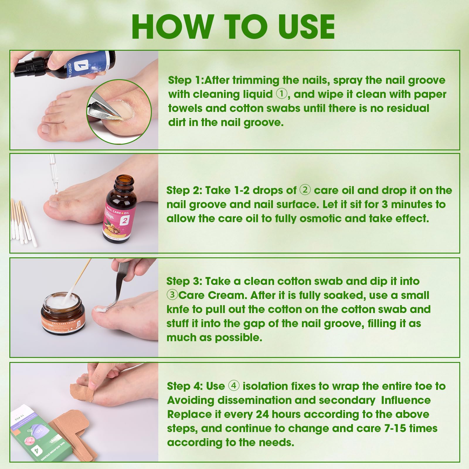 Kit de tratamiento de hongos en las uñas de los pies, sistema completo de 4 pasos con solución para el cuidado de uñas, aceite de cuidado, crema de cuidado y parches de uñas, incluso dirigido para el 7