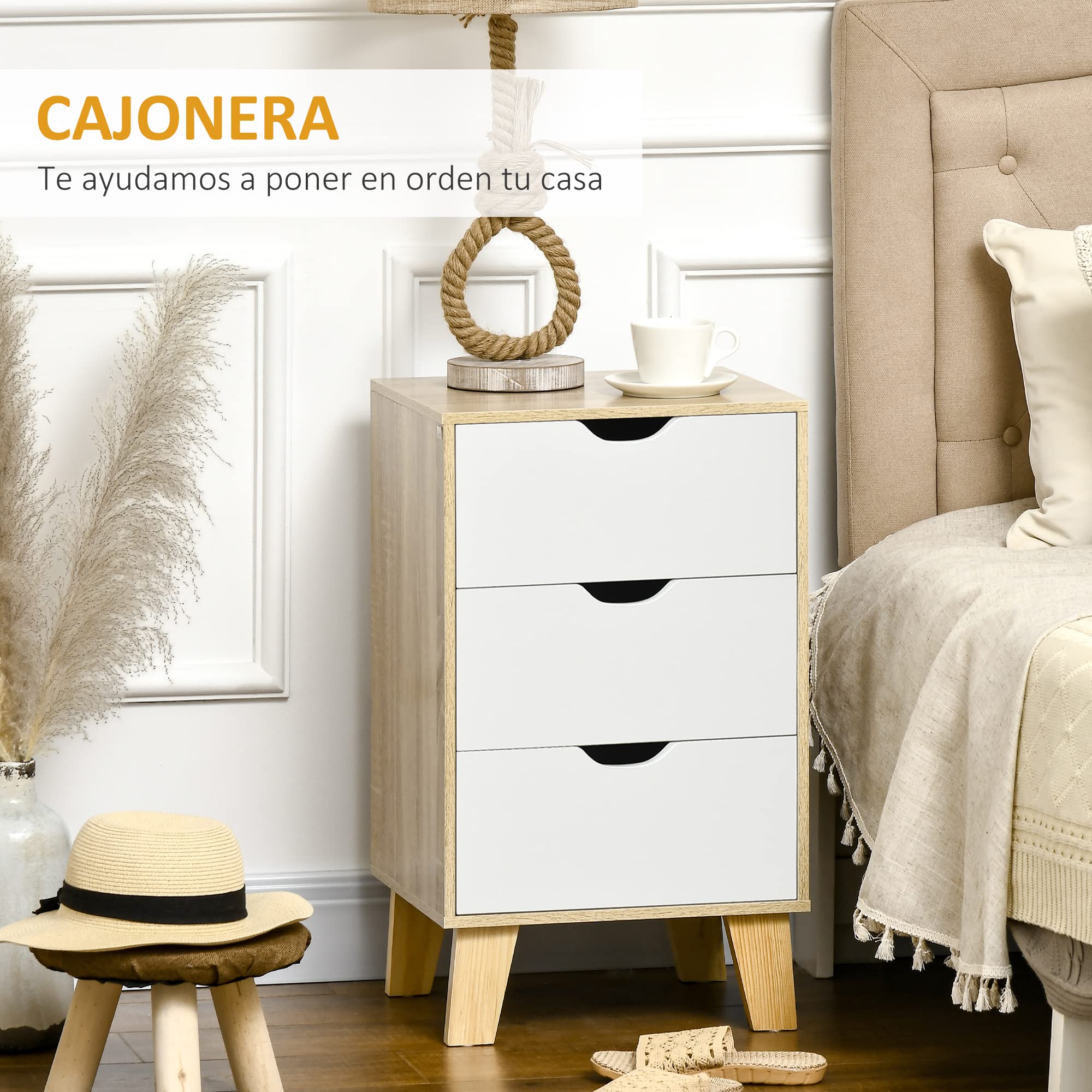 HOMCOM Cómoda con 3 Cajones Base Elevada 40x35x68,5 cm Natural y Blanco