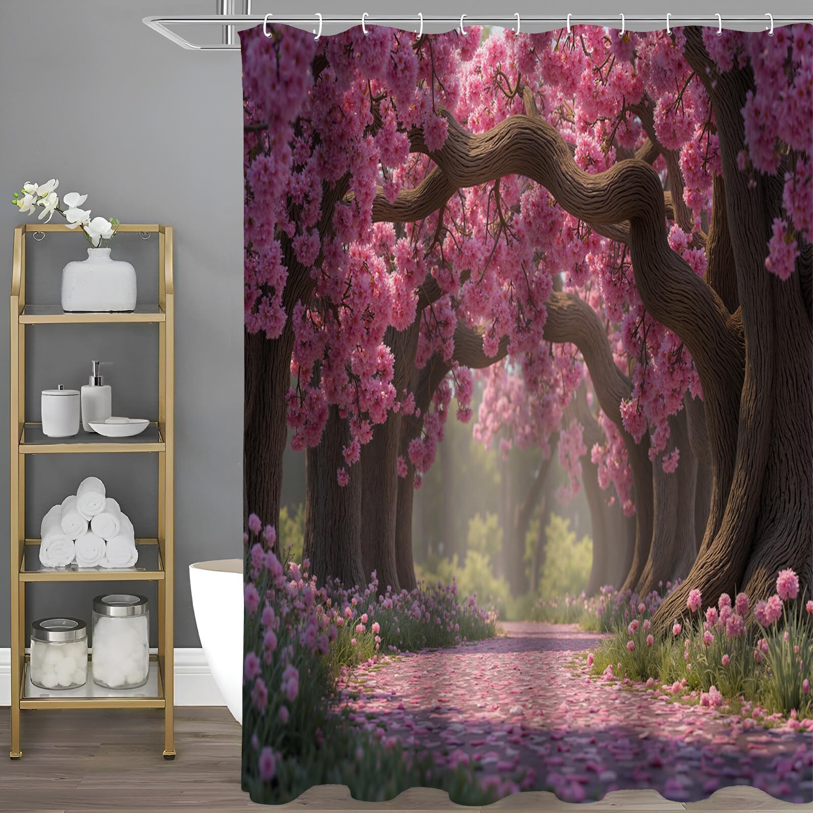 Rideau de douche tunnel fleurs de cerisier en tissu polyester imperméable